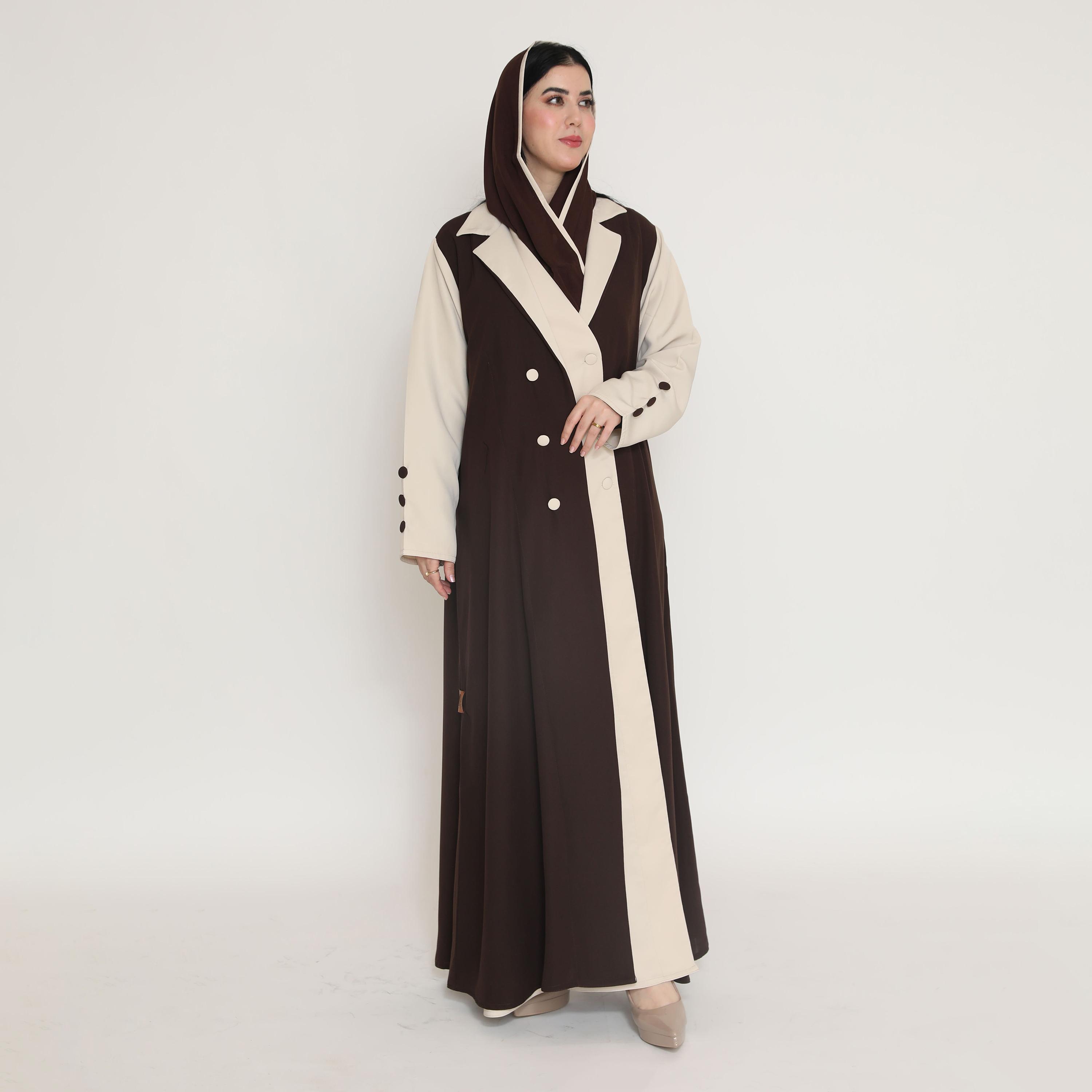 Elegant Hijab Dual Tone Lapel Collar Contrast Sleeves Women's Formal Blazer Style Abaya with Hijab-women-arabicclothing-abayas-image-1