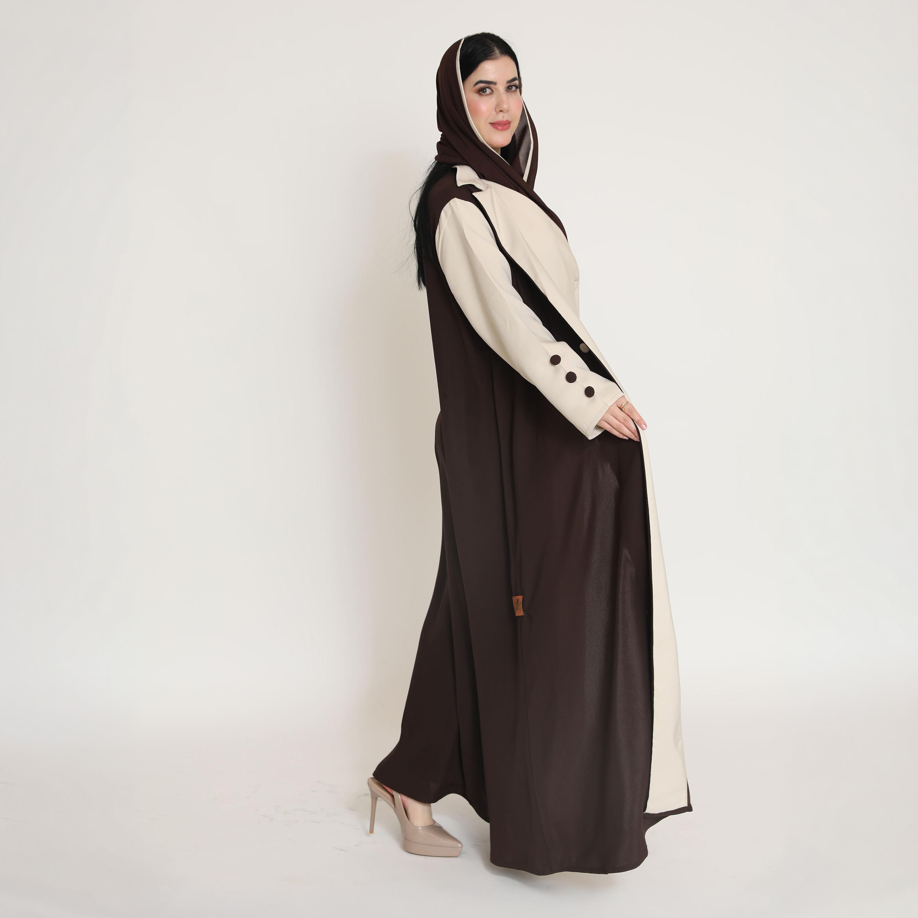 Elegant Hijab Dual Tone Lapel Collar Contrast Sleeves Women's Formal Blazer Style Abaya with Hijab-women-arabicclothing-abayas-image-3