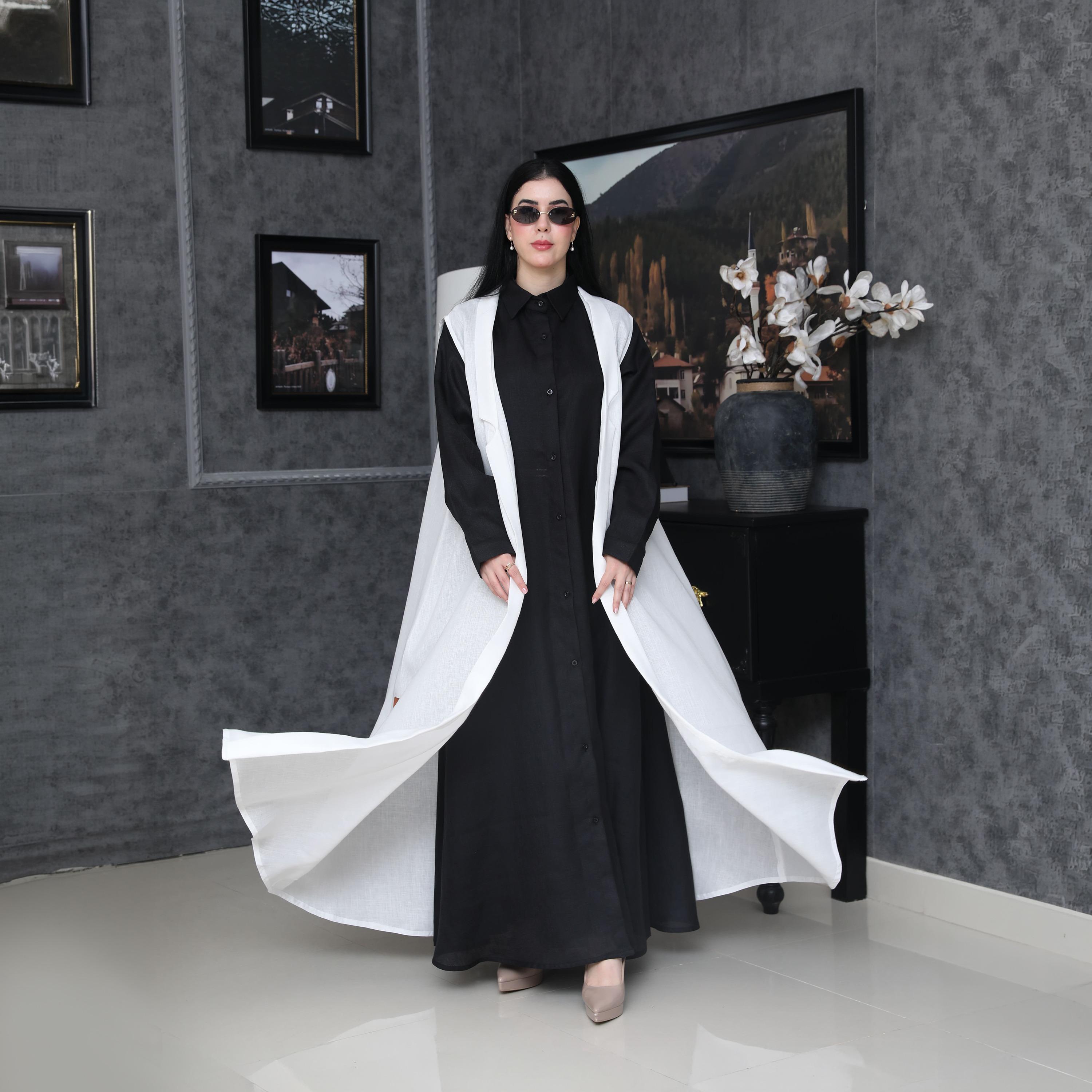 Elegant Hijab Multicolour Collared Crepe Women's Formal Shirt Style Half Cloche Abaya with Jacket-women-arabicclothing-abayas-image-1