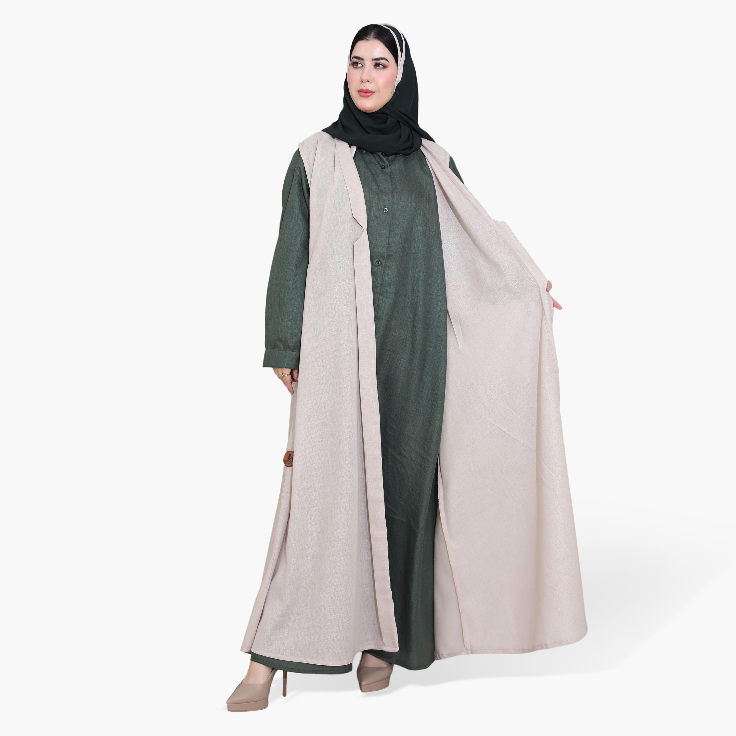 Elegant Hijab Multicolour Collared Crepe Women's Formal Shirt Style Half Cloche Abaya with Jacket-women-arabicclothing-abayas-image-1