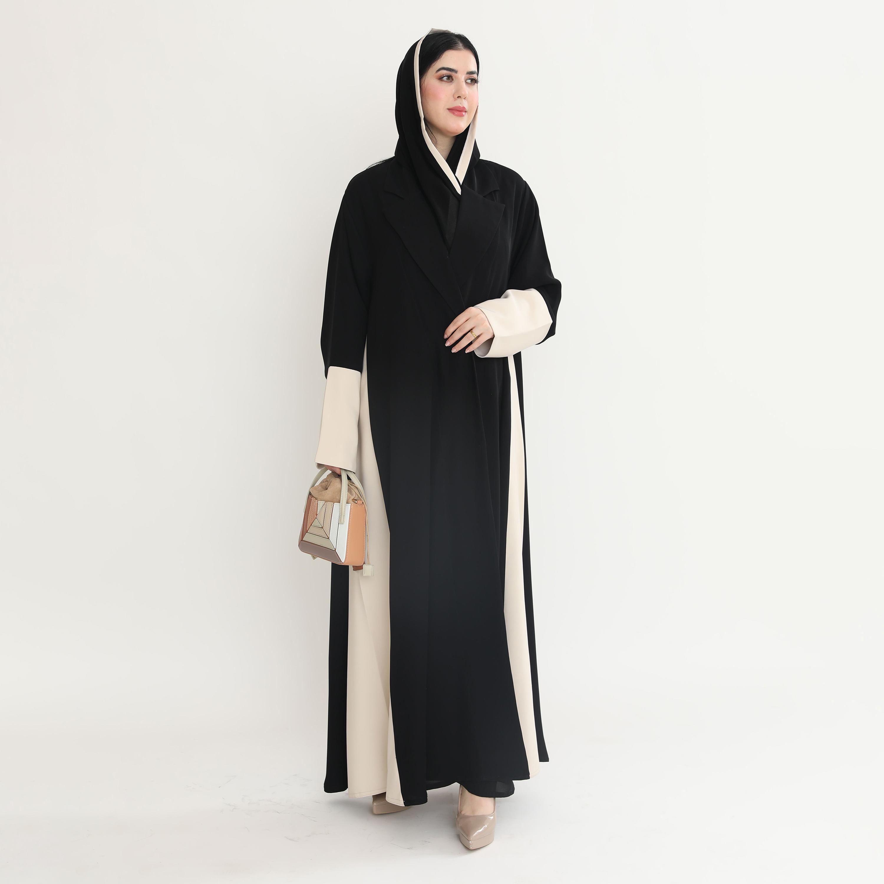 Elegant Hijab Black Dual Tone Lapel Collar Crepe Women's Formal Half Cloche Abaya with Hijab-women-arabicclothing-abayas-image-1