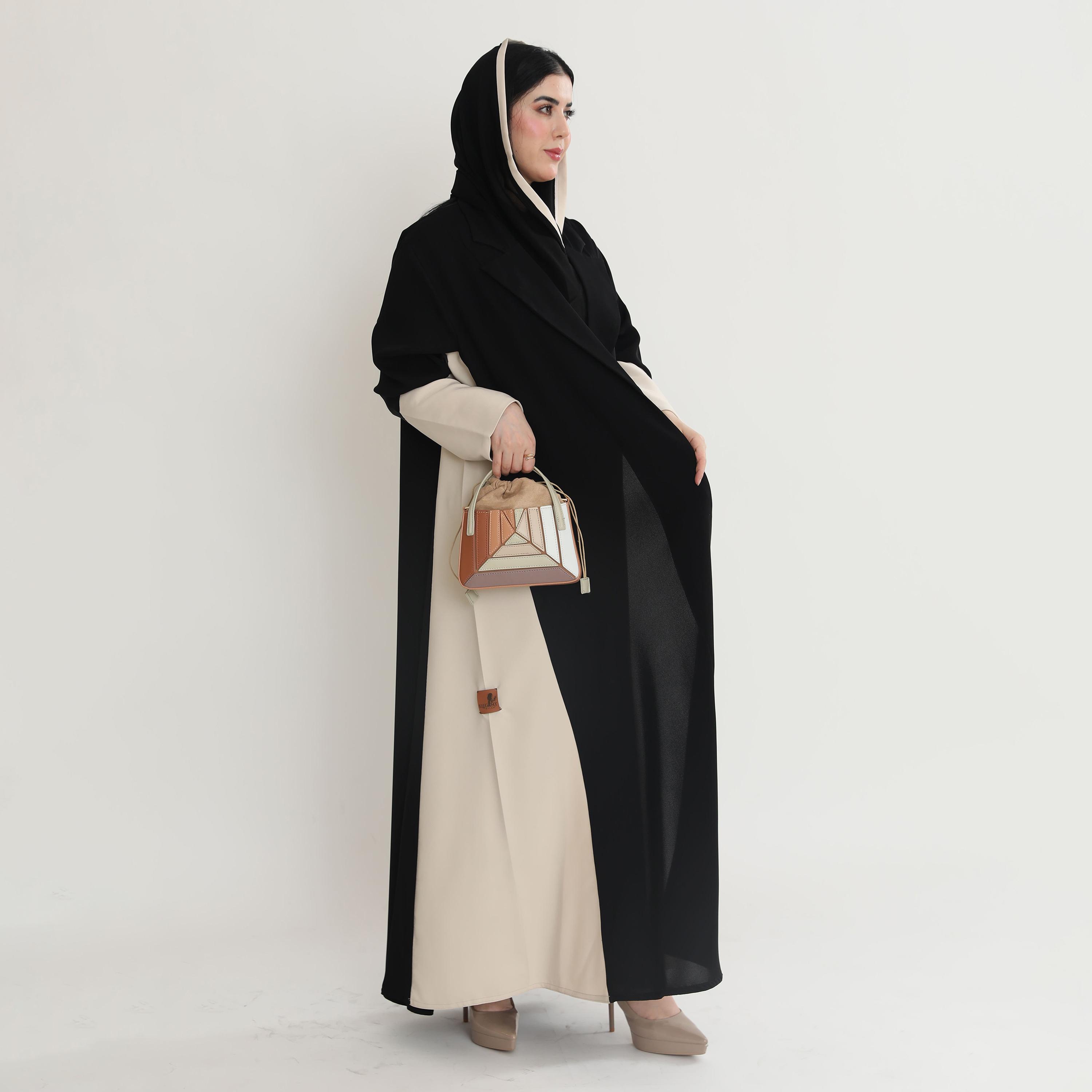 Elegant Hijab Black Dual Tone Lapel Collar Crepe Women's Formal Half Cloche Abaya with Hijab-women-arabicclothing-abayas-image-2