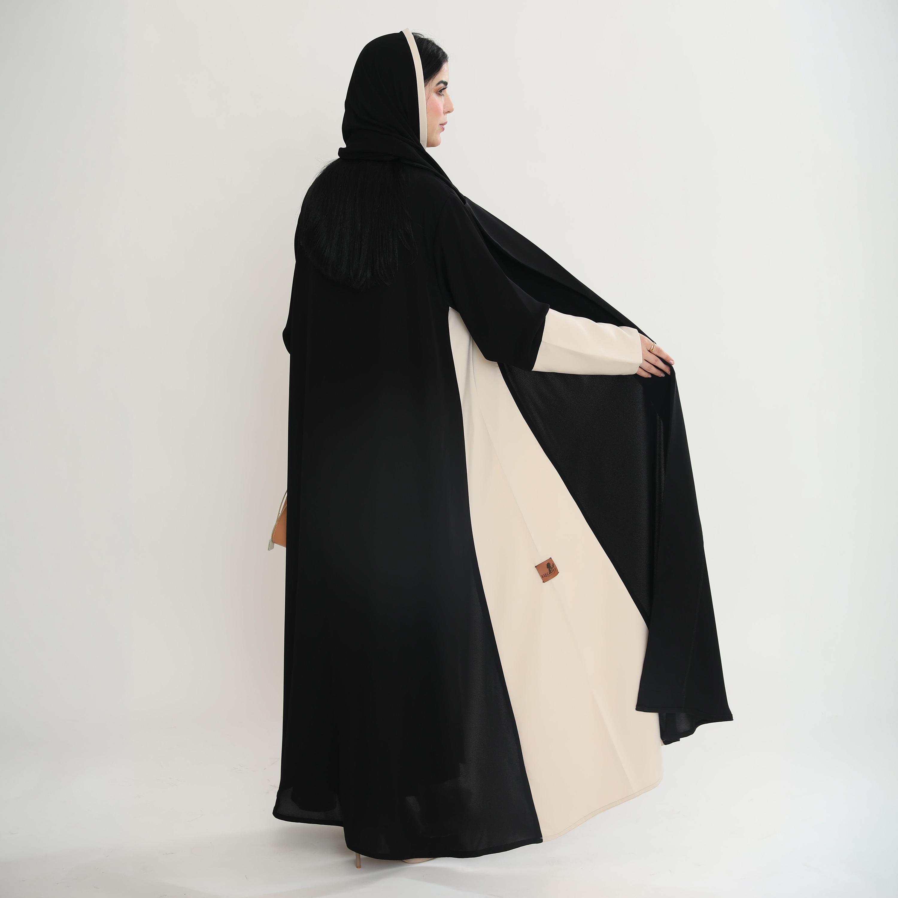 Elegant Hijab Black Dual Tone Lapel Collar Crepe Women's Formal Half Cloche Abaya with Hijab-women-arabicclothing-abayas-image-3