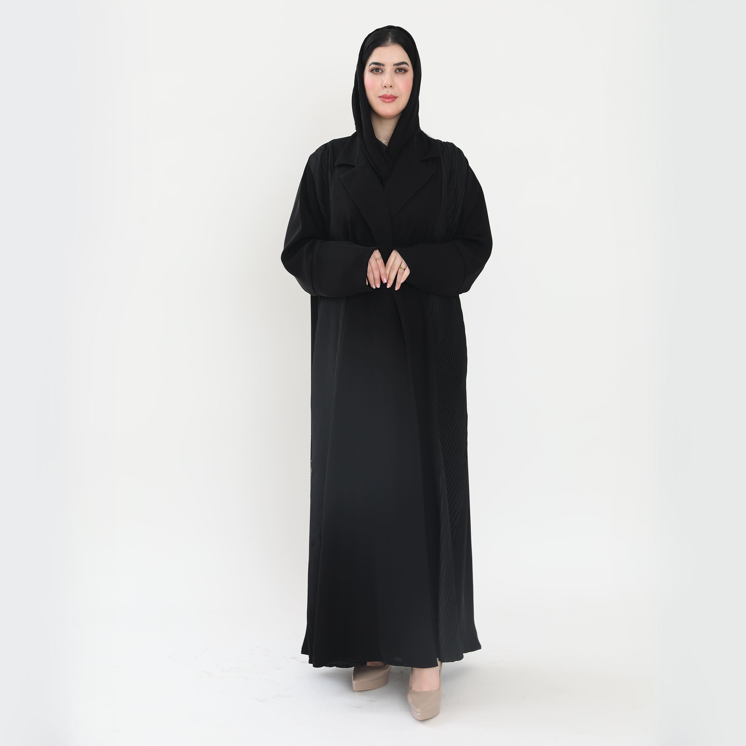 Elegant Hijab Pleated Panel Lapel Collar Crepe Women's Formal Blazer Half Cloche Abaya with Hijab-women-arabicclothing-abayas-image-1