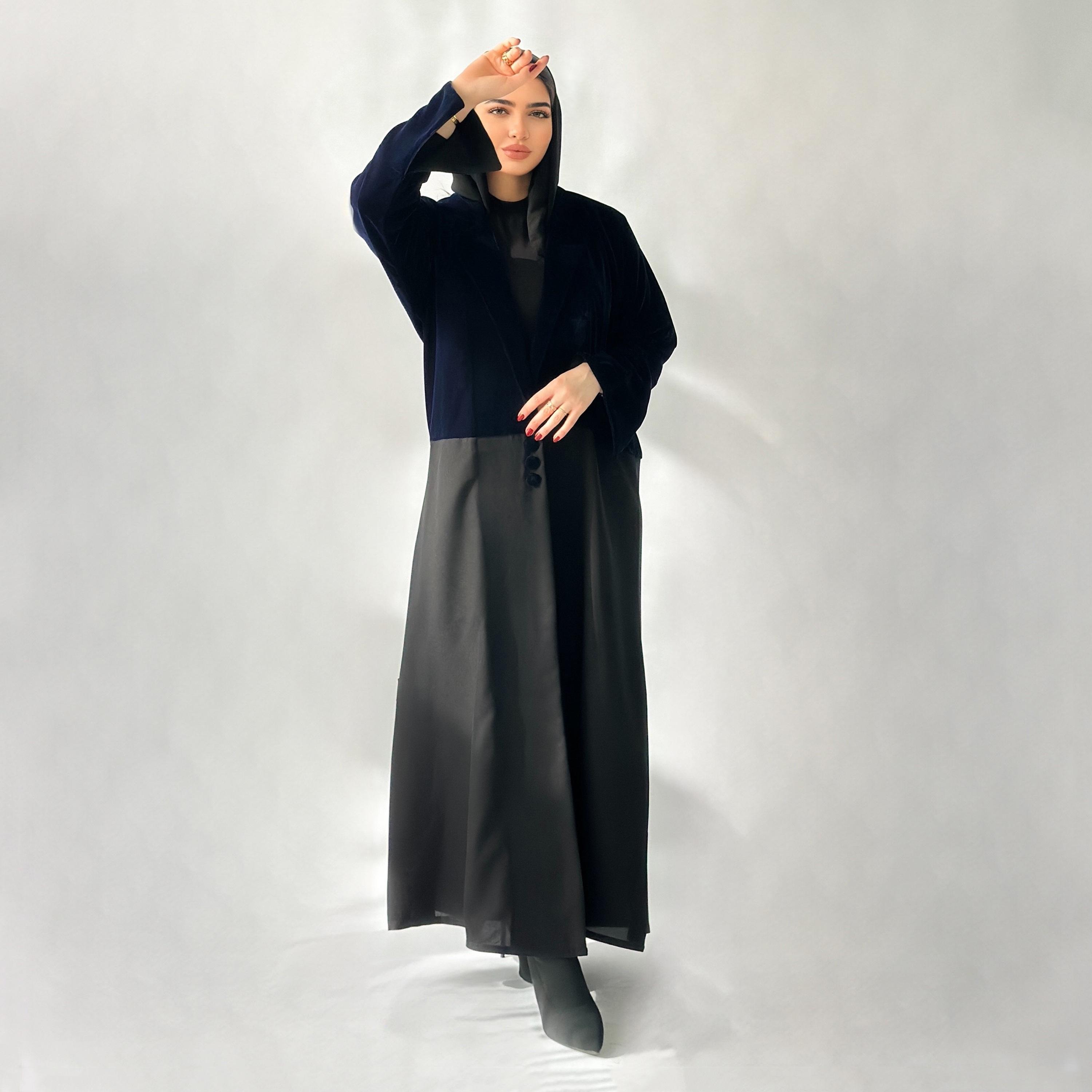Elegant Hijab Black Dual Tone Lapel Collar Velvet Women's Blazer Style Half Cloche Abaya with Hijab-women-arabicclothing-abayas-image-1