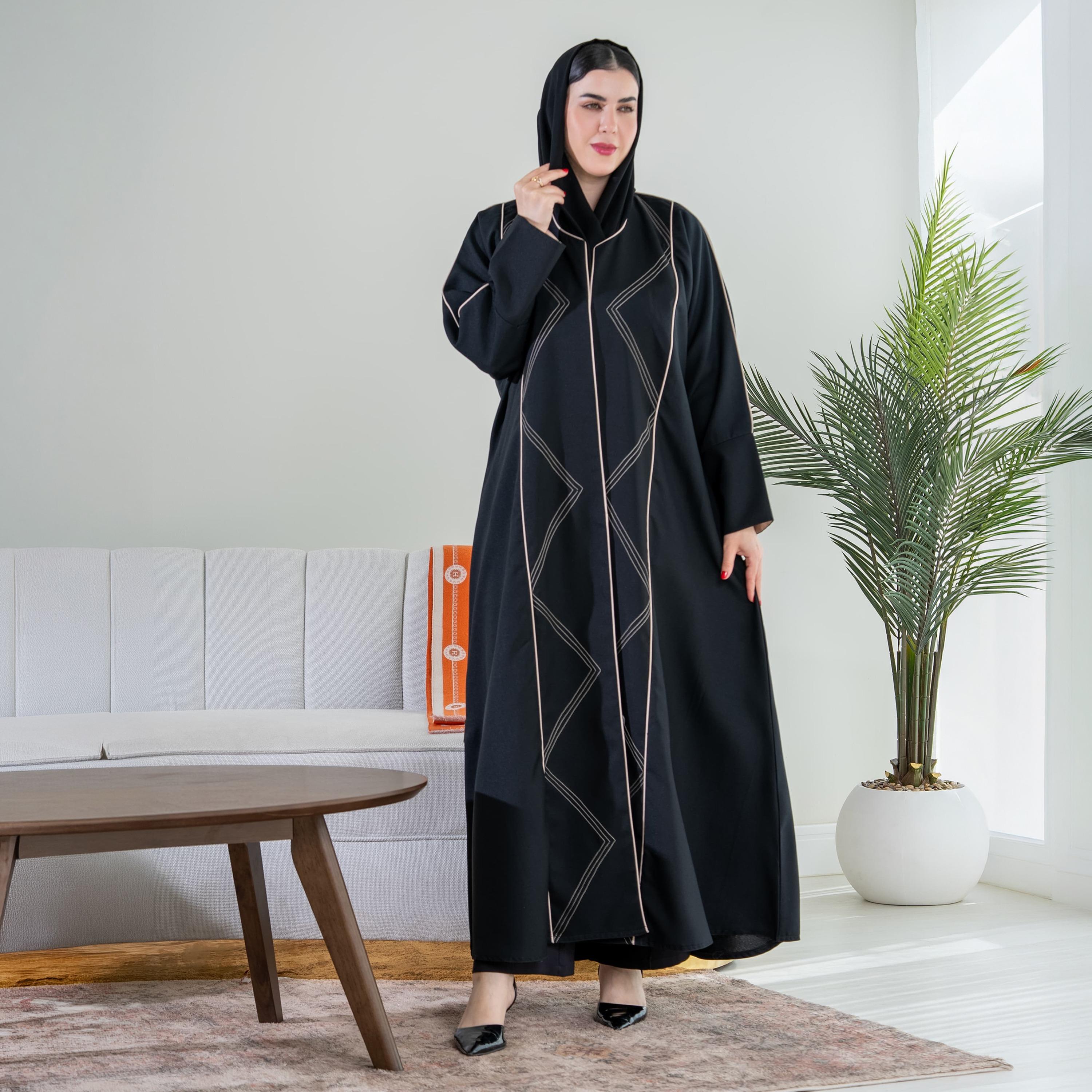 Elegant Hijab Black Piping Detailed Crepe Women's Half Cloche Abaya with Hijab-women-arabicclothing-abayas-image-1