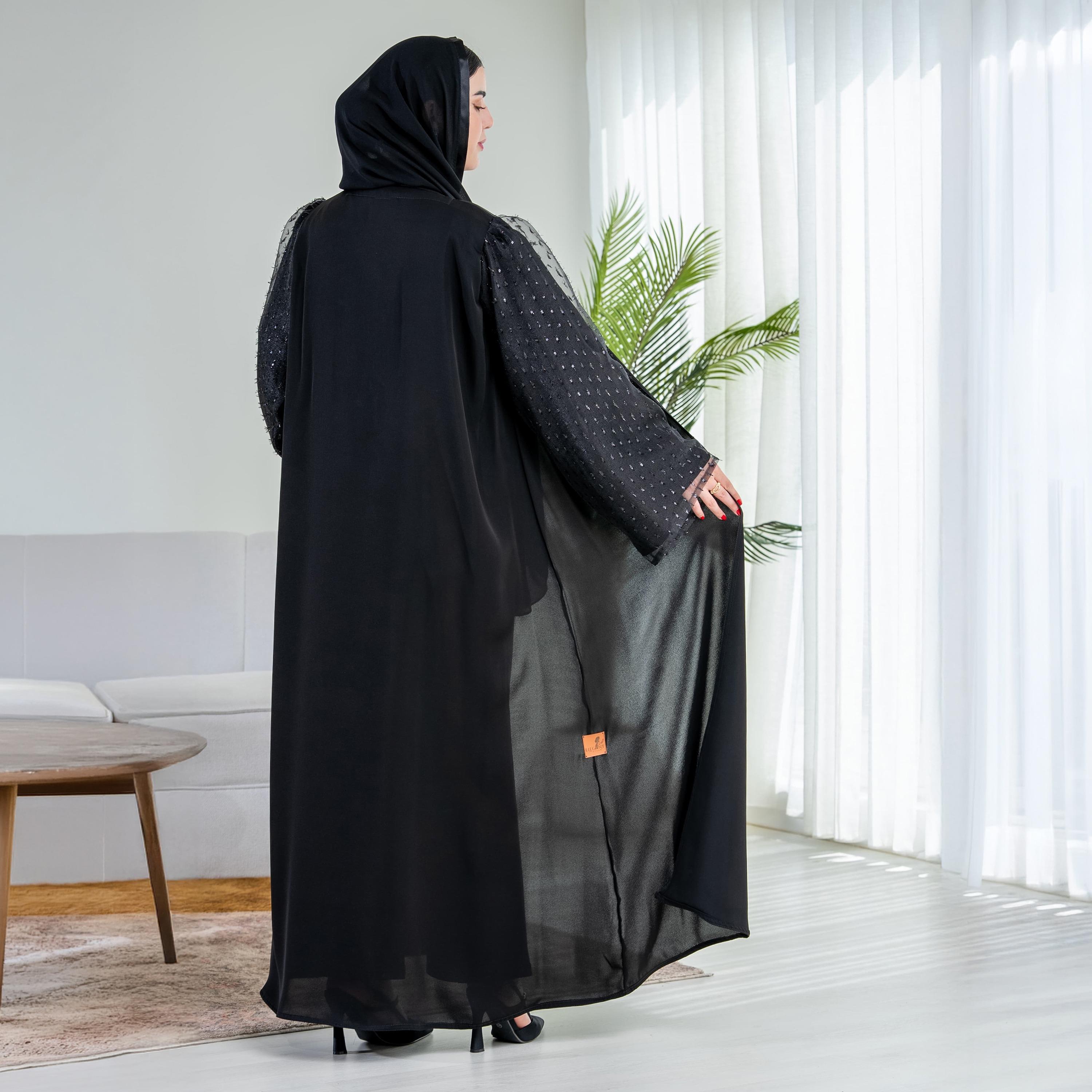 عباية نسائية "نصف كلوش" بأكمام واسعة شفافة قماش كريب مع حجاب - أسود من إيليجنت حجاب-women-arabicclothing-abayas-image-3