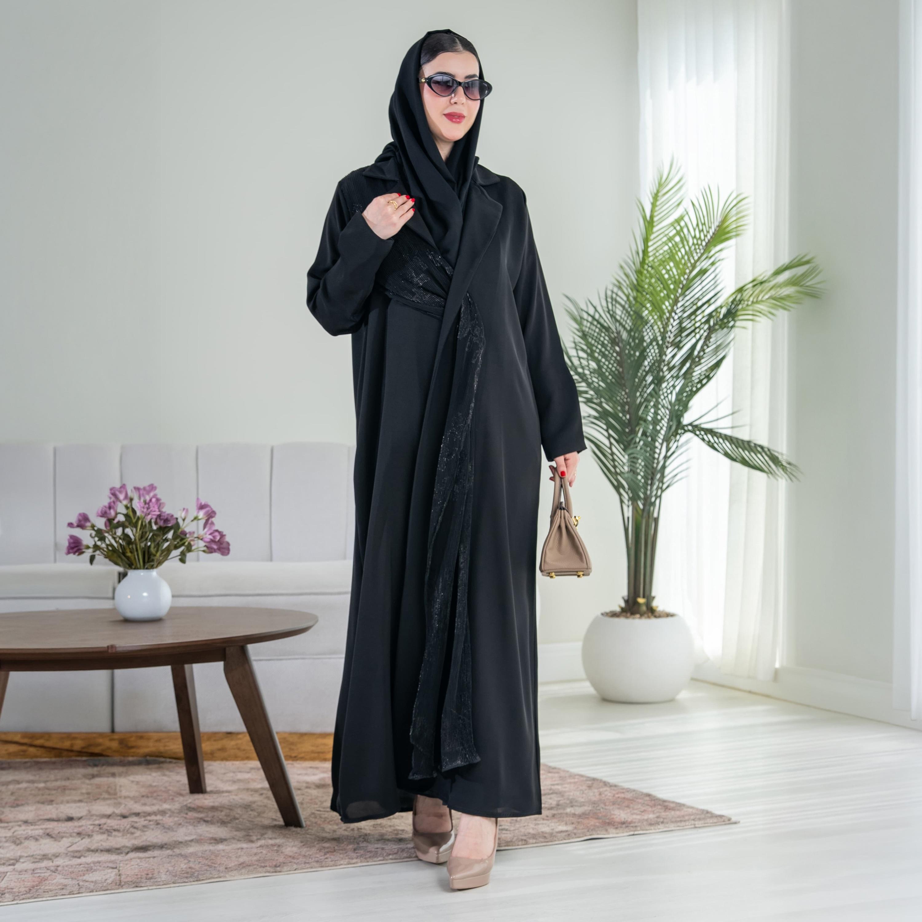 Elegant Hijab Black Shimmer Drape Lapel Collar Crepe Women's Half Cloche Abaya with Hijab-women-arabicclothing-abayas-image-1