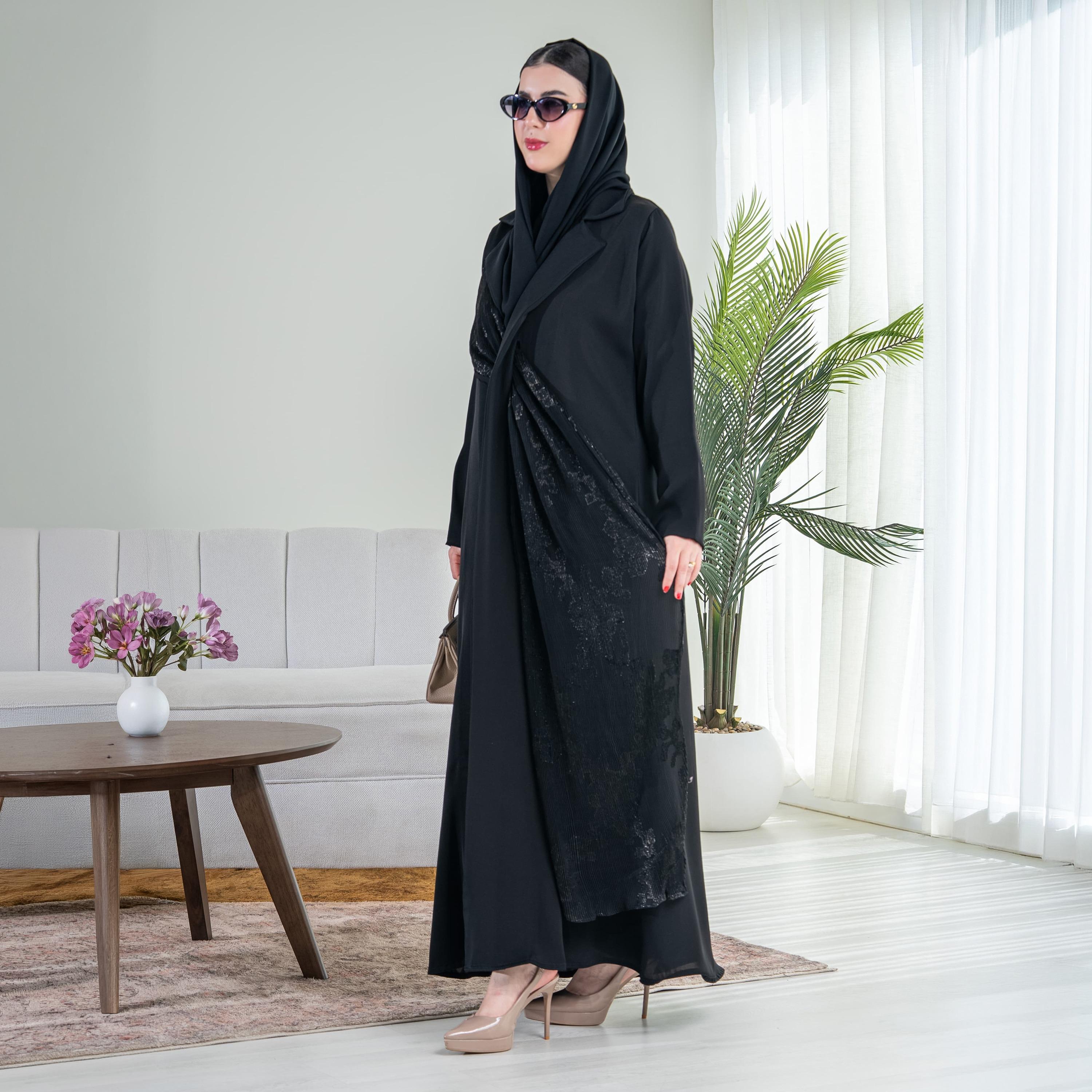Elegant Hijab Black Shimmer Drape Lapel Collar Crepe Women's Half Cloche Abaya with Hijab-women-arabicclothing-abayas-image-2