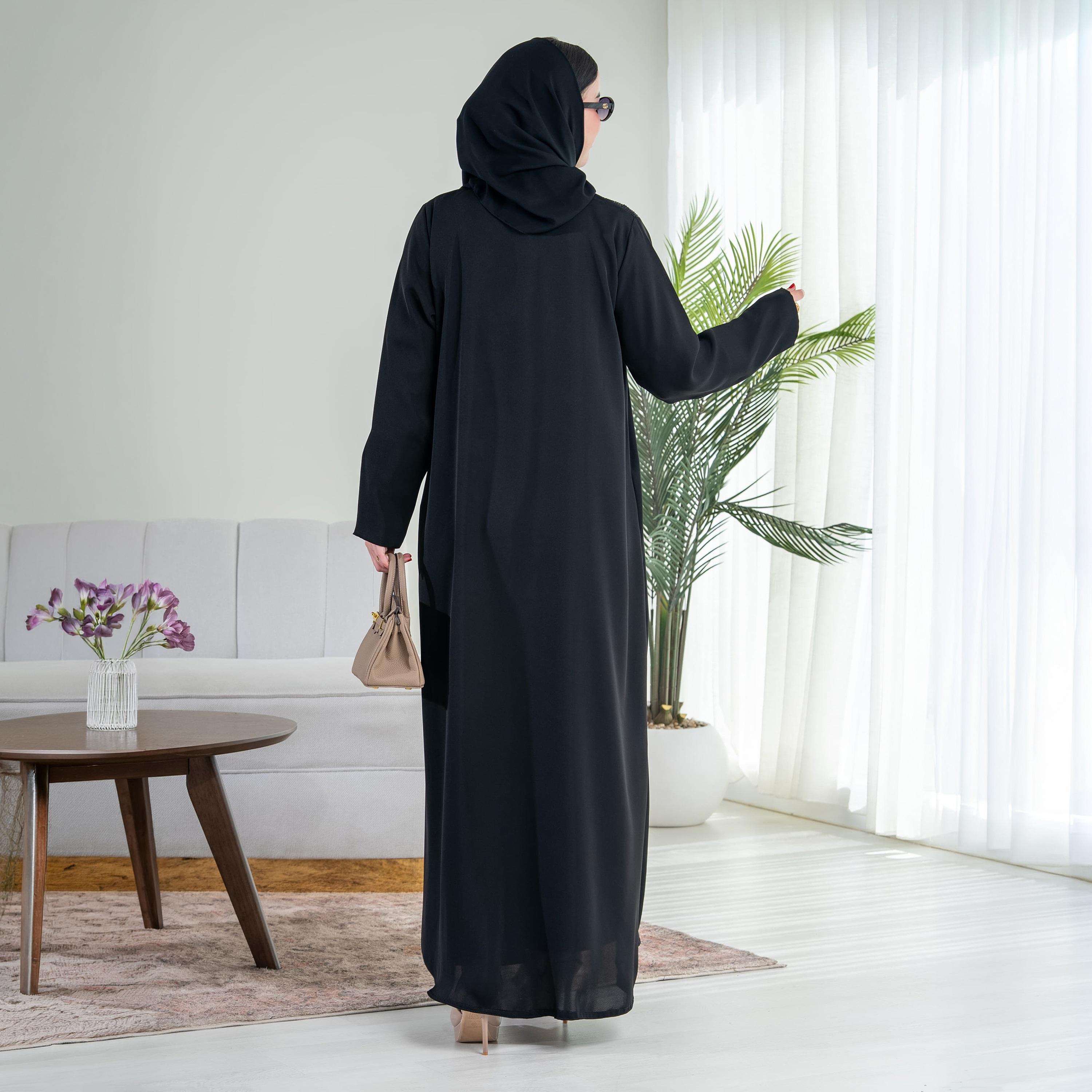 Elegant Hijab Black Shimmer Drape Lapel Collar Crepe Women's Half Cloche Abaya with Hijab-women-arabicclothing-abayas-image-3