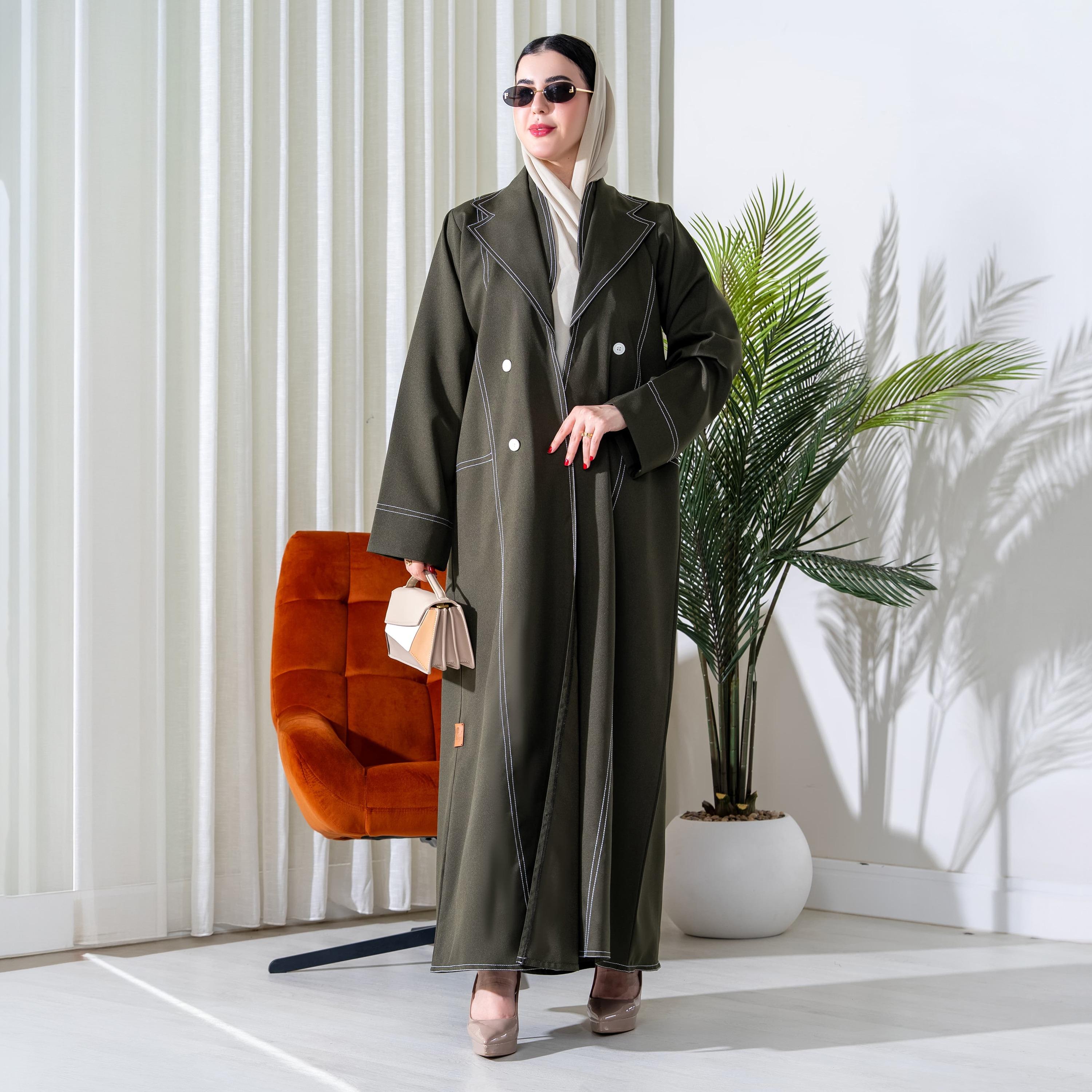 Elegant Hijab Green Contrast Stitched Lapel Collar Crepe Women's Formal Half Cloche Abaya with Hijab-women-arabicclothing-abayas-image-1