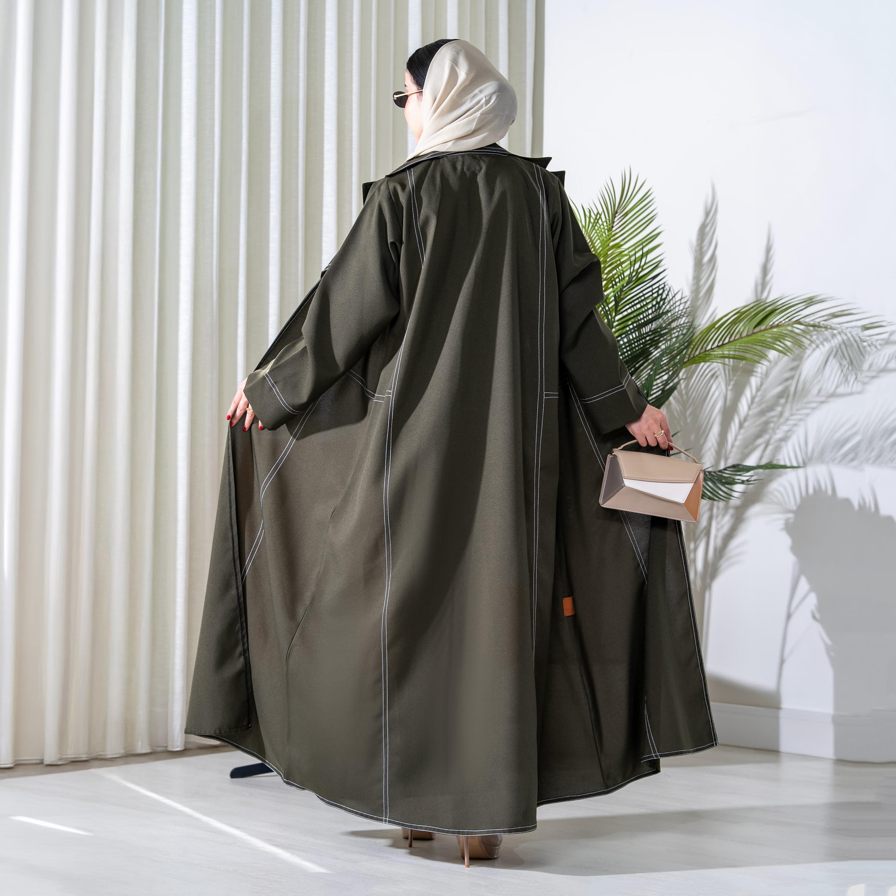 Elegant Hijab Green Contrast Stitched Lapel Collar Crepe Women's Formal Half Cloche Abaya with Hijab-women-arabicclothing-abayas-image-3
