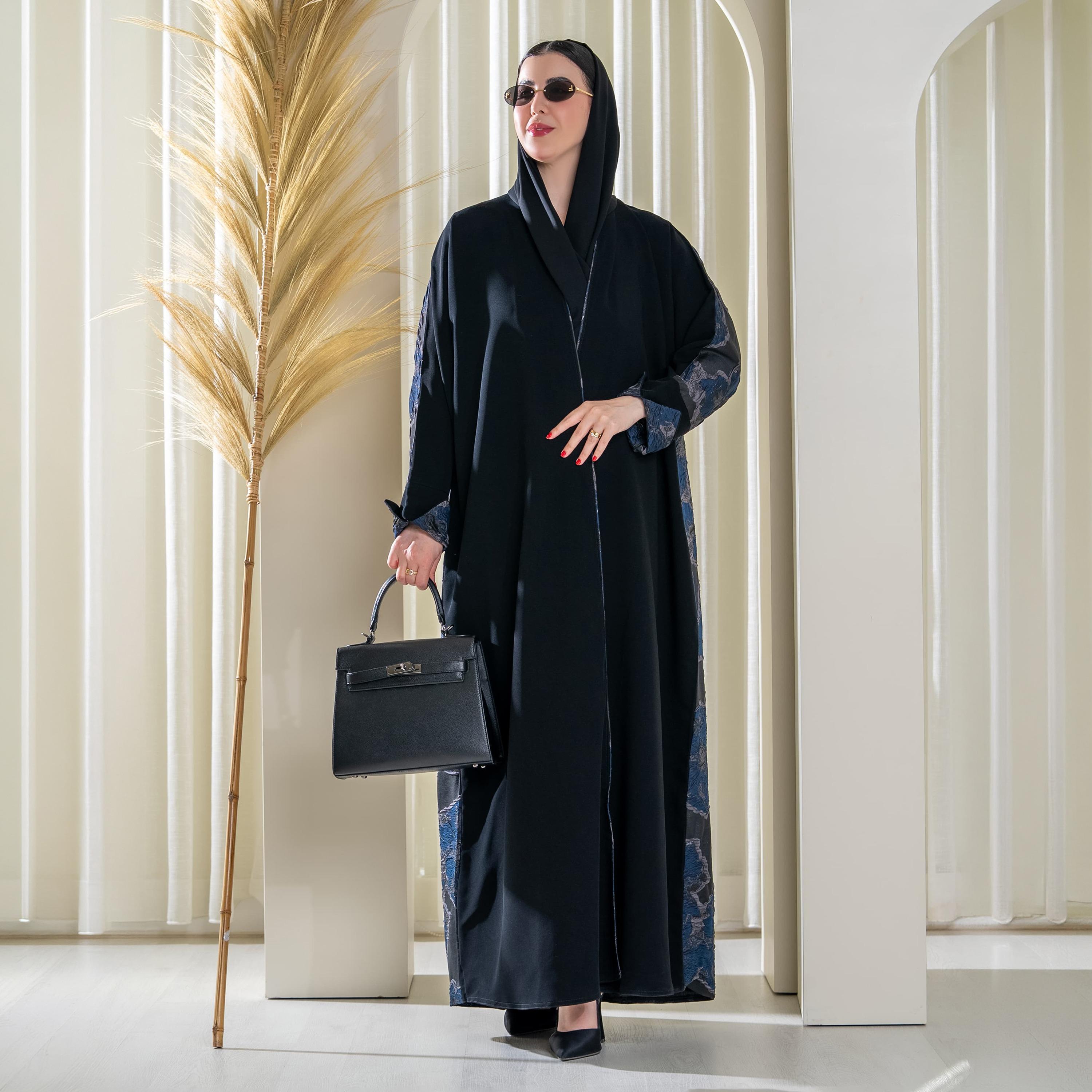 Elegant Hijab Black Floral Print Crepe Women's Half Cloche Abaya with Hijab-women-arabicclothing-abayas-image-1