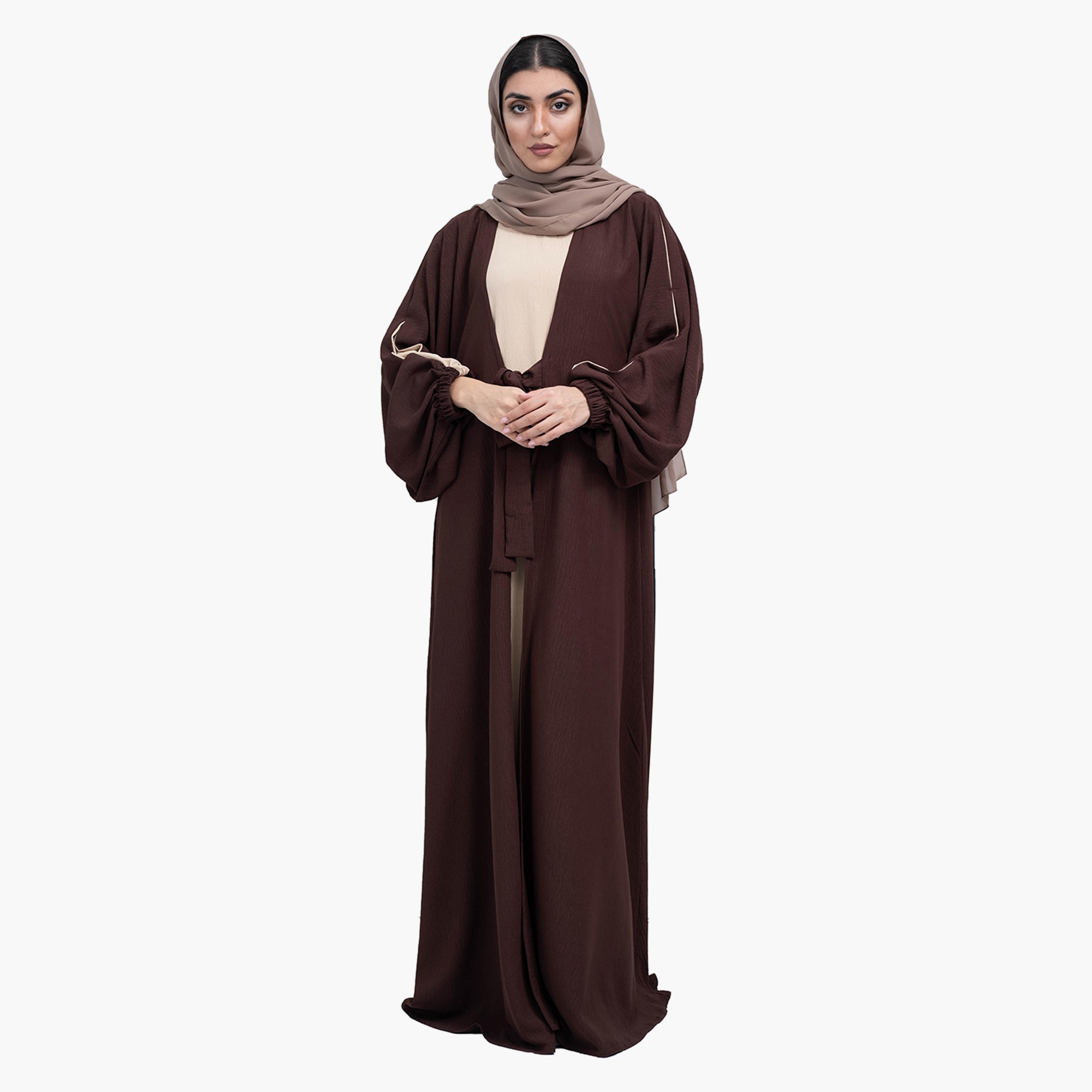 عباية حفلات من الكريب نيدا بأكمام مرنة ملونة باللون البني الداكن والبيج الأنيق مع حجاب من نخبة-women-arabicclothing-abayas-image-1
