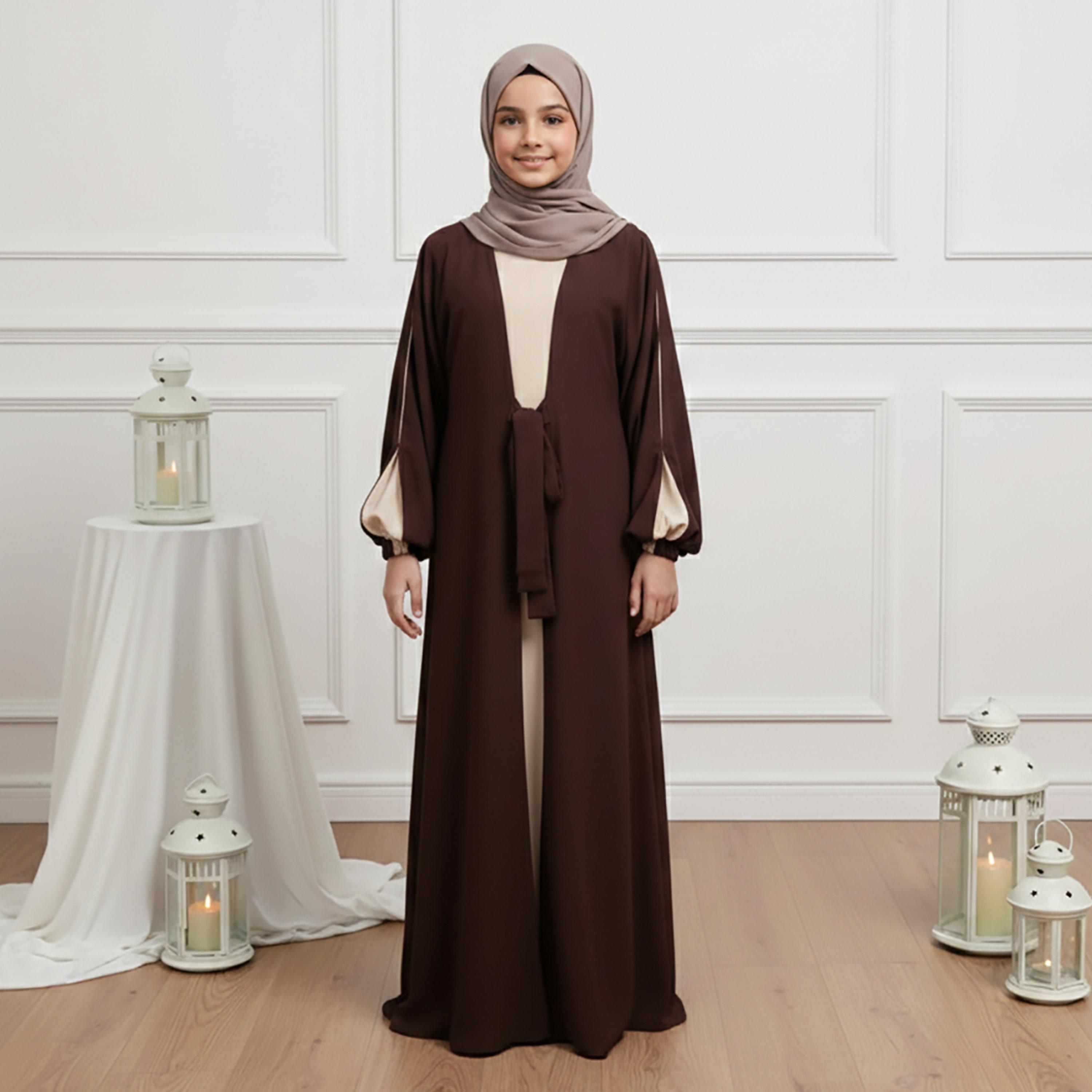 Nukhbaa Brown Balloon Sleeves Nida Girls Abaya with Hijab-girls-arabicclothing-abayas-image-1