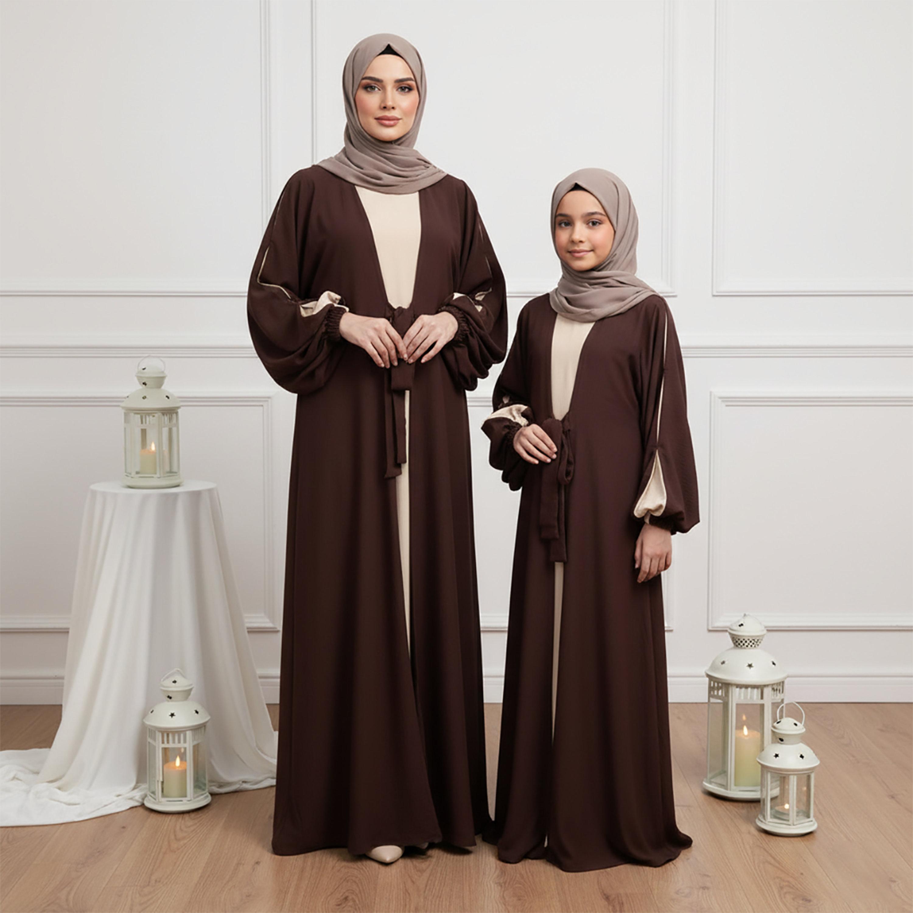 Nukhbaa Brown Balloon Sleeves Nida Girls Abaya with Hijab-girls-arabicclothing-abayas-image-3