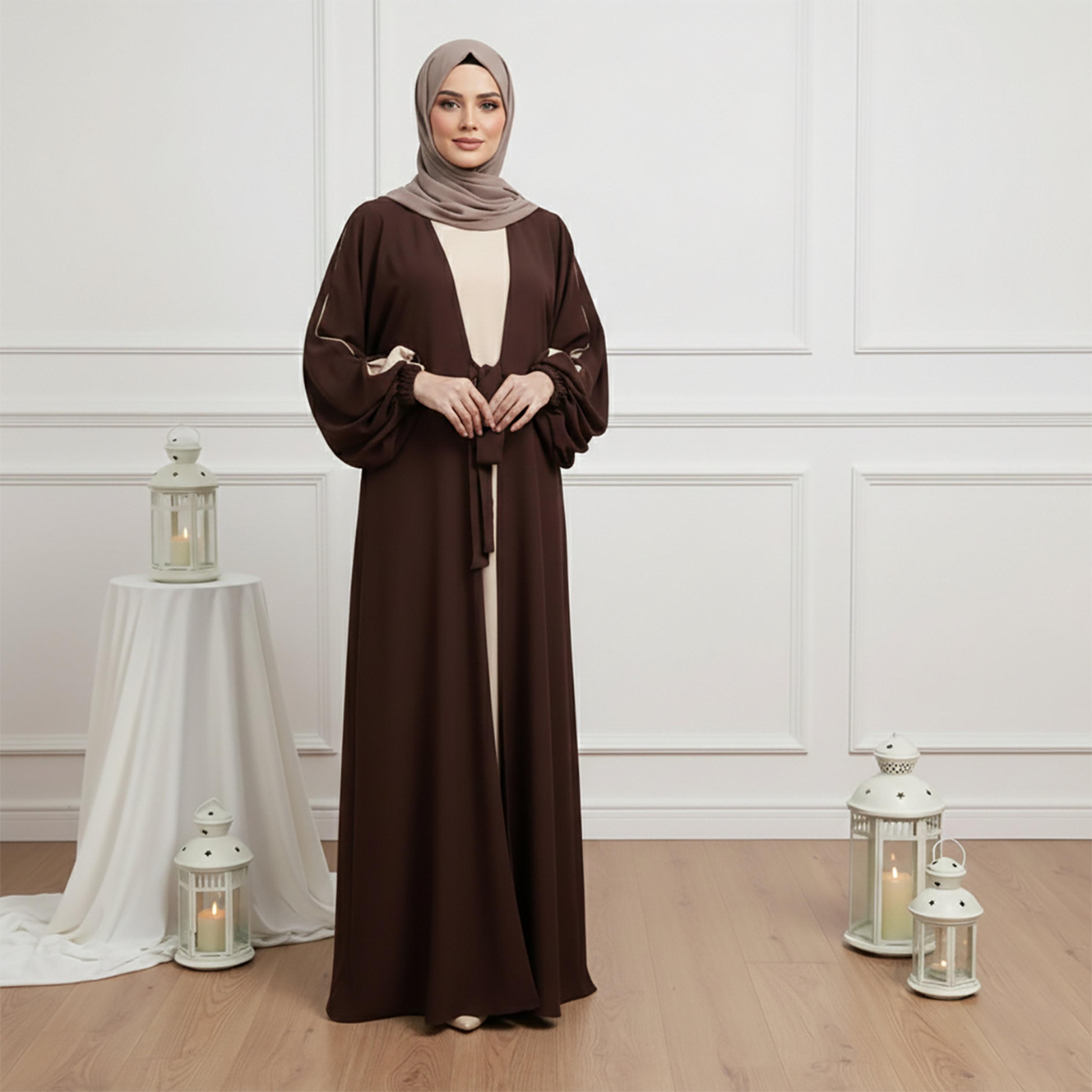 عباية نسائية قماش "ندى" بأكمام "بالون" مع حجاب - بني من نخبة-women-arabicclothing-abayas-image-1