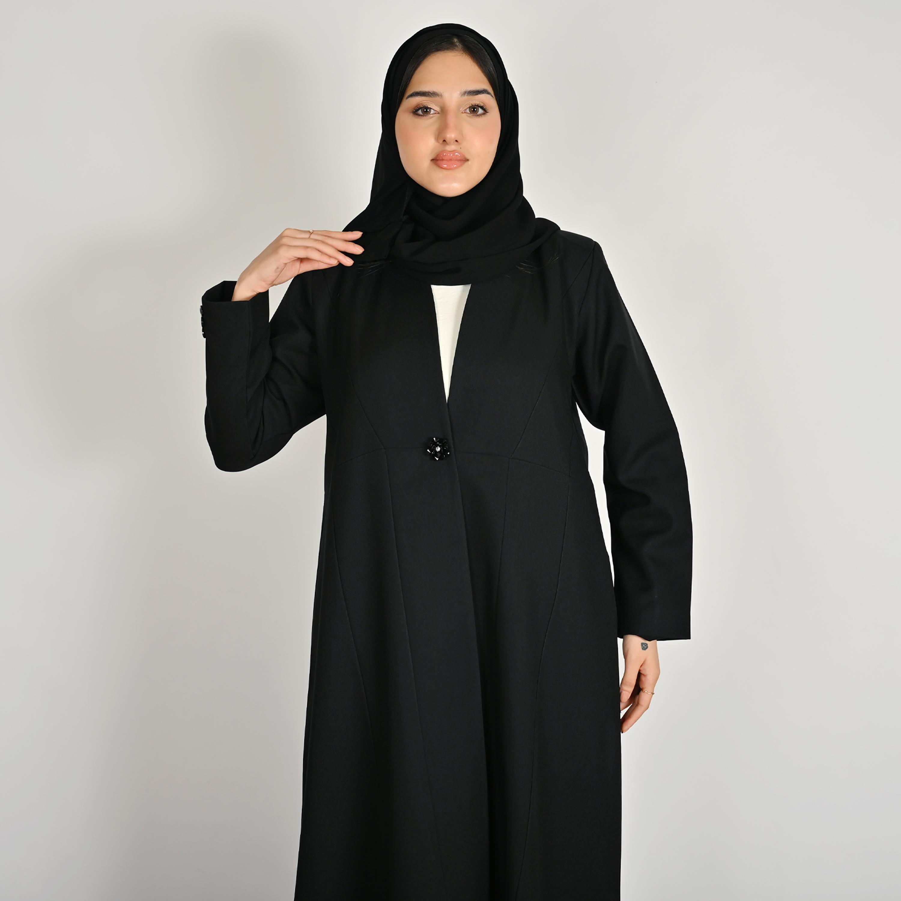 عباية كتان حريمي مفتوحة من الأمام بتفاصيل أزرار كريستال مع حجاب من حوراء-women-arabicclothing-abayas-image-2