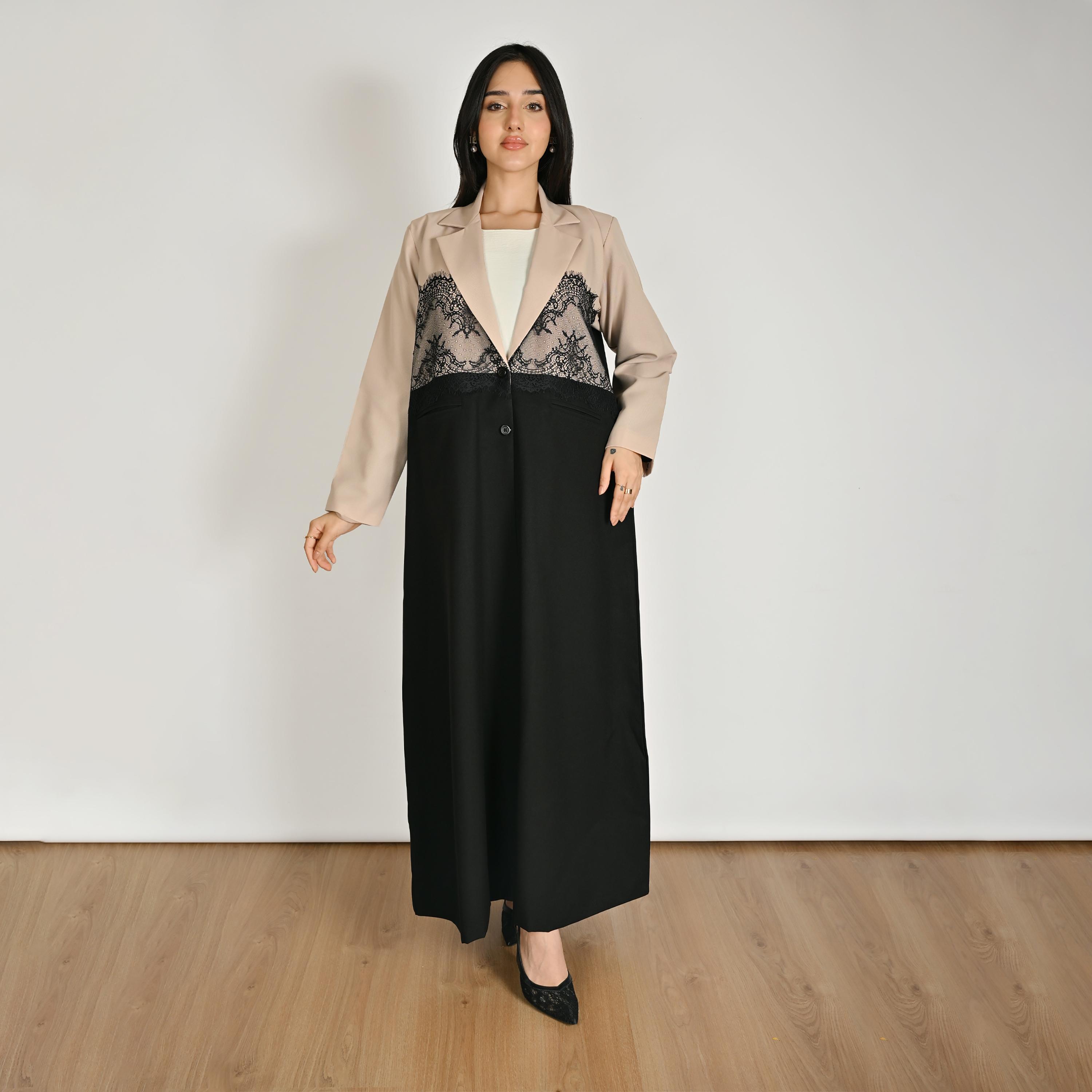 Hawraa Multicolour Notch Lapel Collar Lace Detail Women's Blazer Linen Abaya with Hijab-women-arabicclothing-abayas-image-1