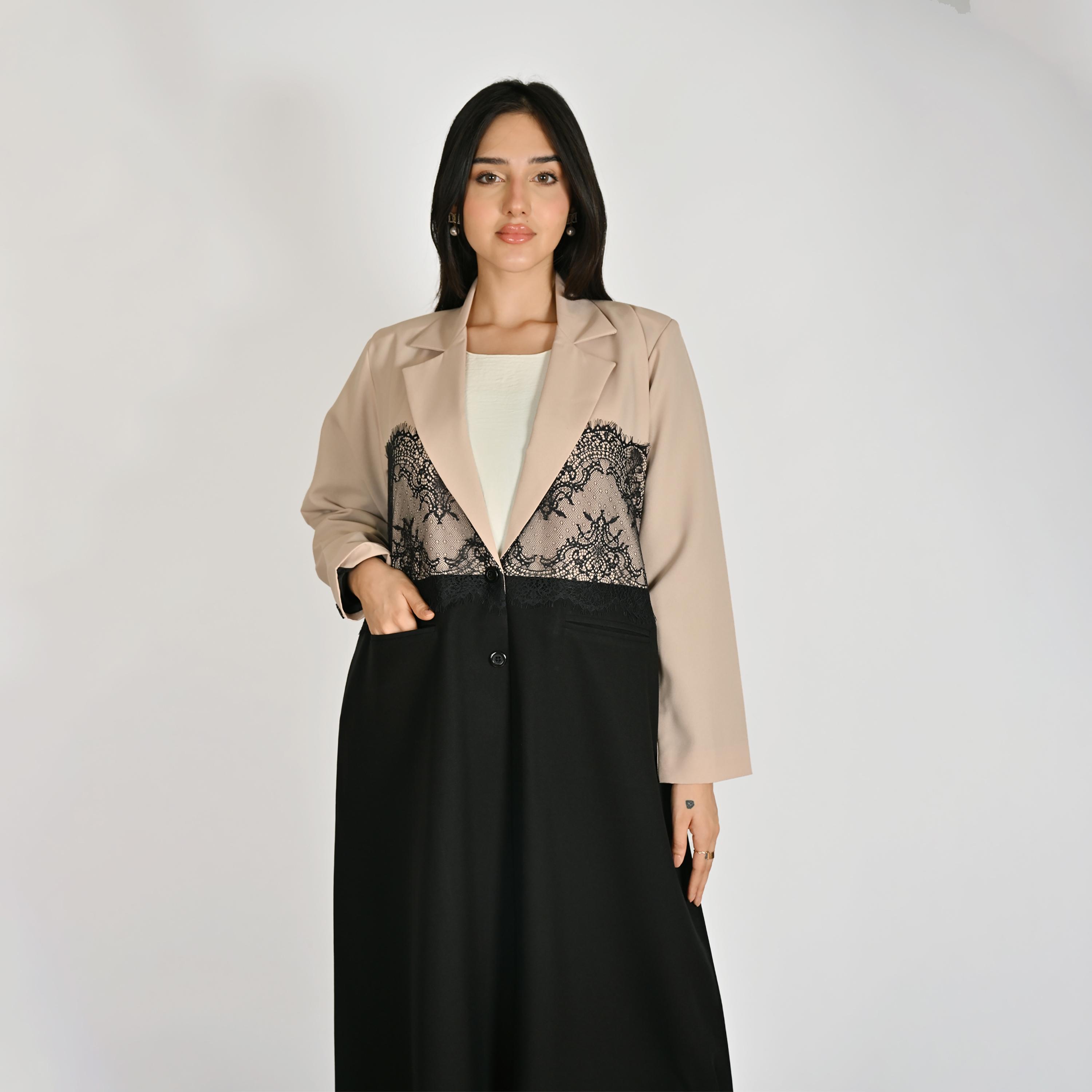 Hawraa Multicolour Notch Lapel Collar Lace Detail Women's Blazer Linen Abaya with Hijab-women-arabicclothing-abayas-image-2
