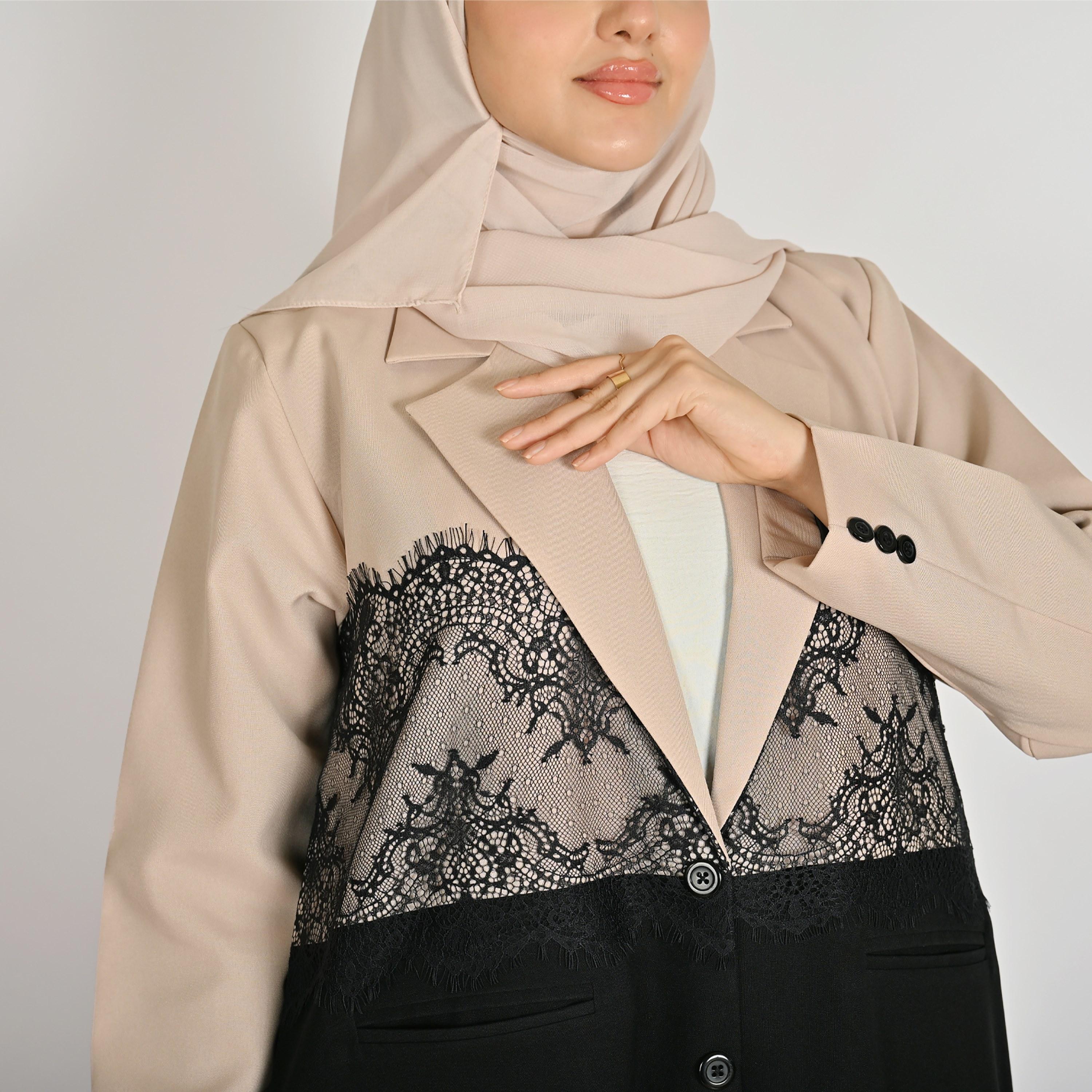 Hawraa Multicolour Notch Lapel Collar Lace Detail Women's Blazer Linen Abaya with Hijab-women-arabicclothing-abayas-image-3