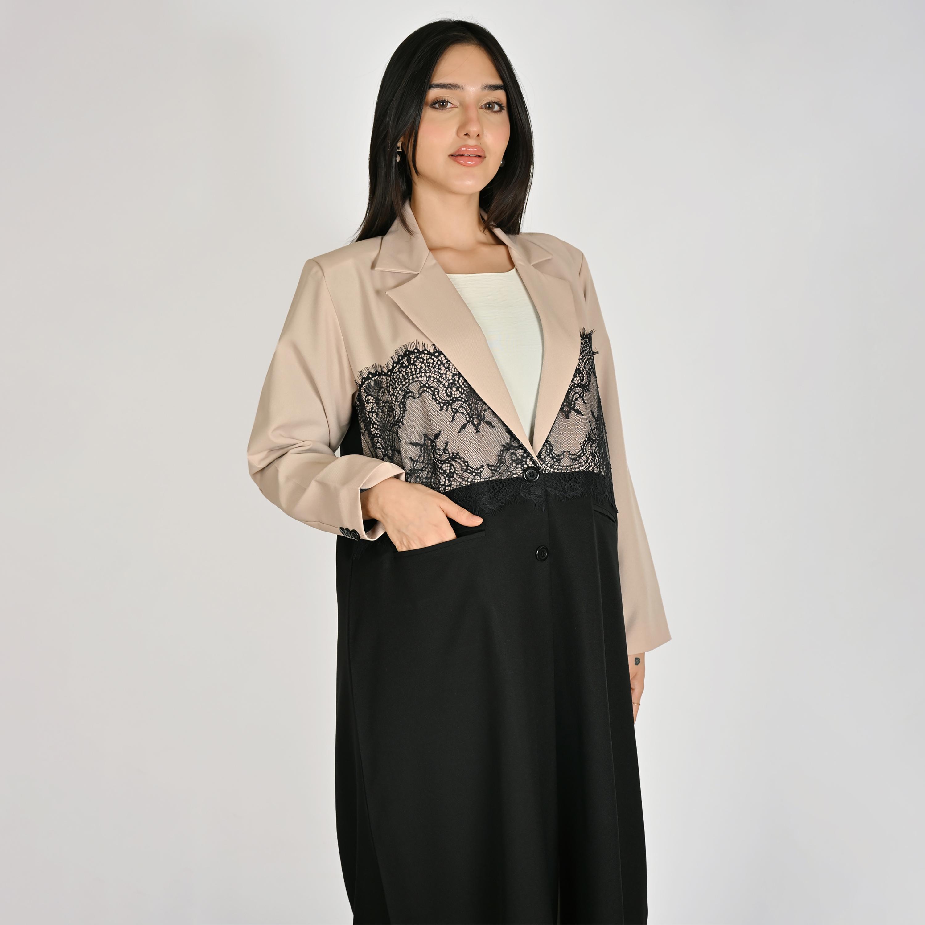 Hawraa Multicolour Notch Lapel Collar Lace Detail Women's Blazer Linen Abaya with Hijab-women-arabicclothing-abayas-image-4