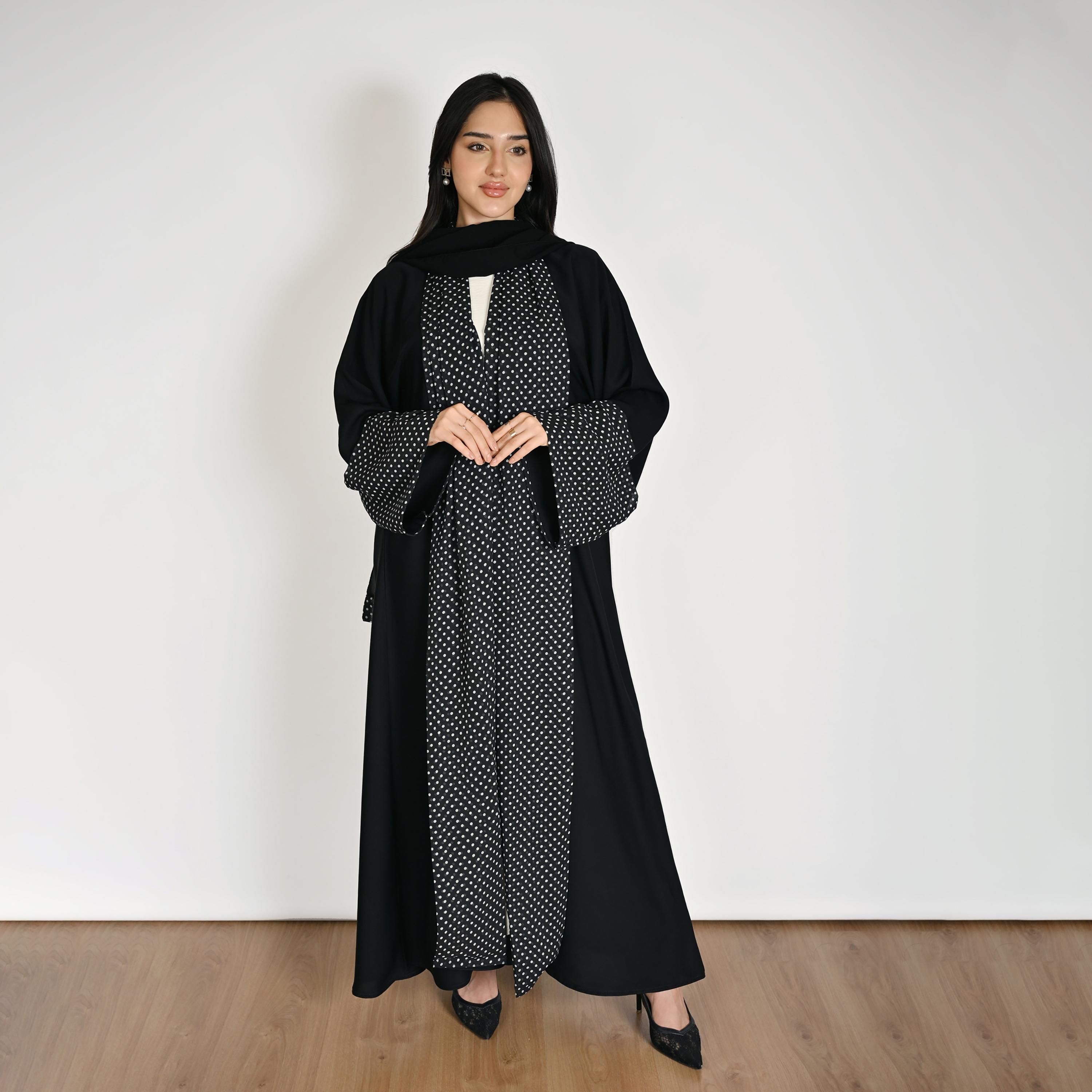 Hawraa Black Wide Sleeves Polka Dots Women's Linen Abaya with Hijab-women-arabicclothing-abayas-image-1