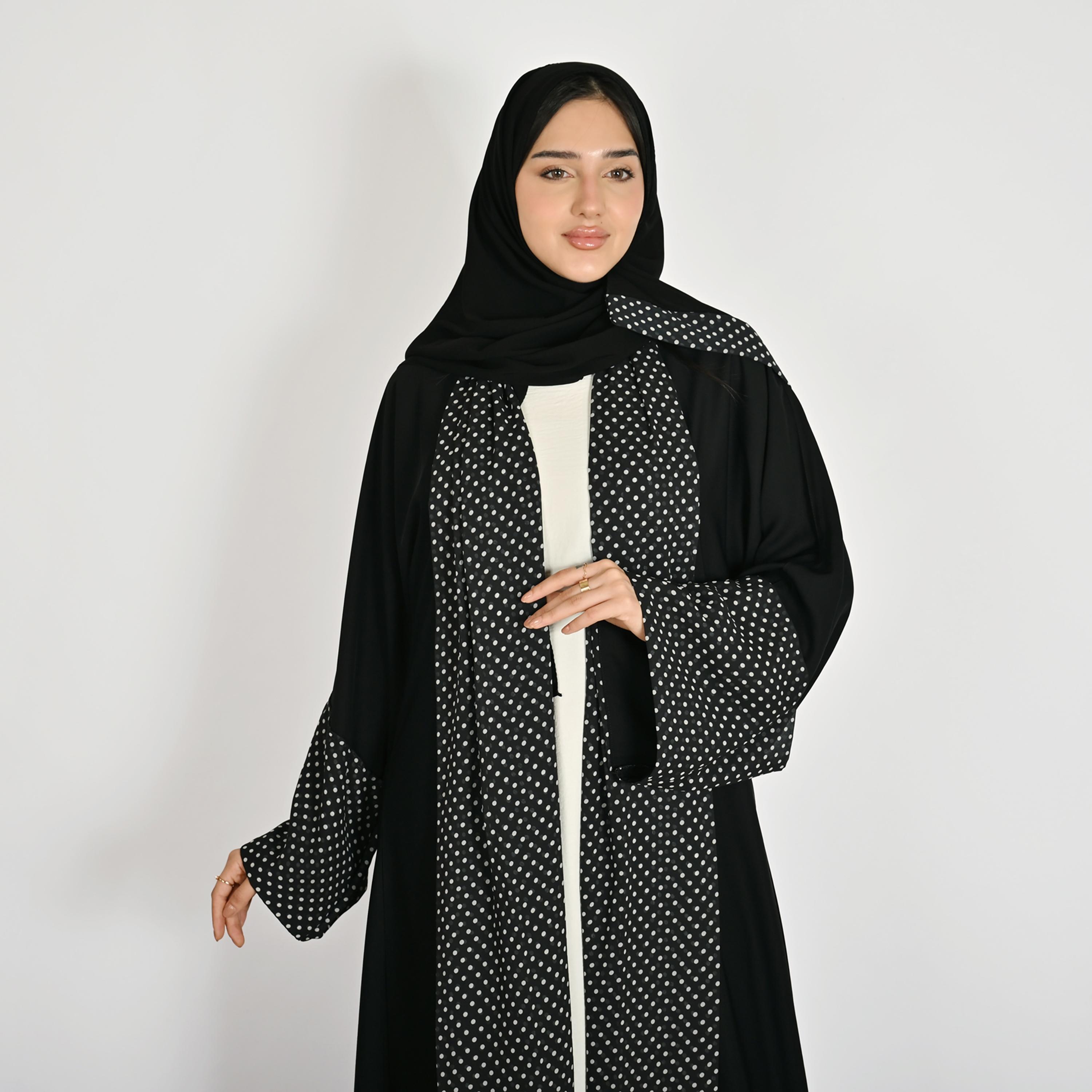 Hawraa Black Wide Sleeves Polka Dots Women's Linen Abaya with Hijab-women-arabicclothing-abayas-image-2