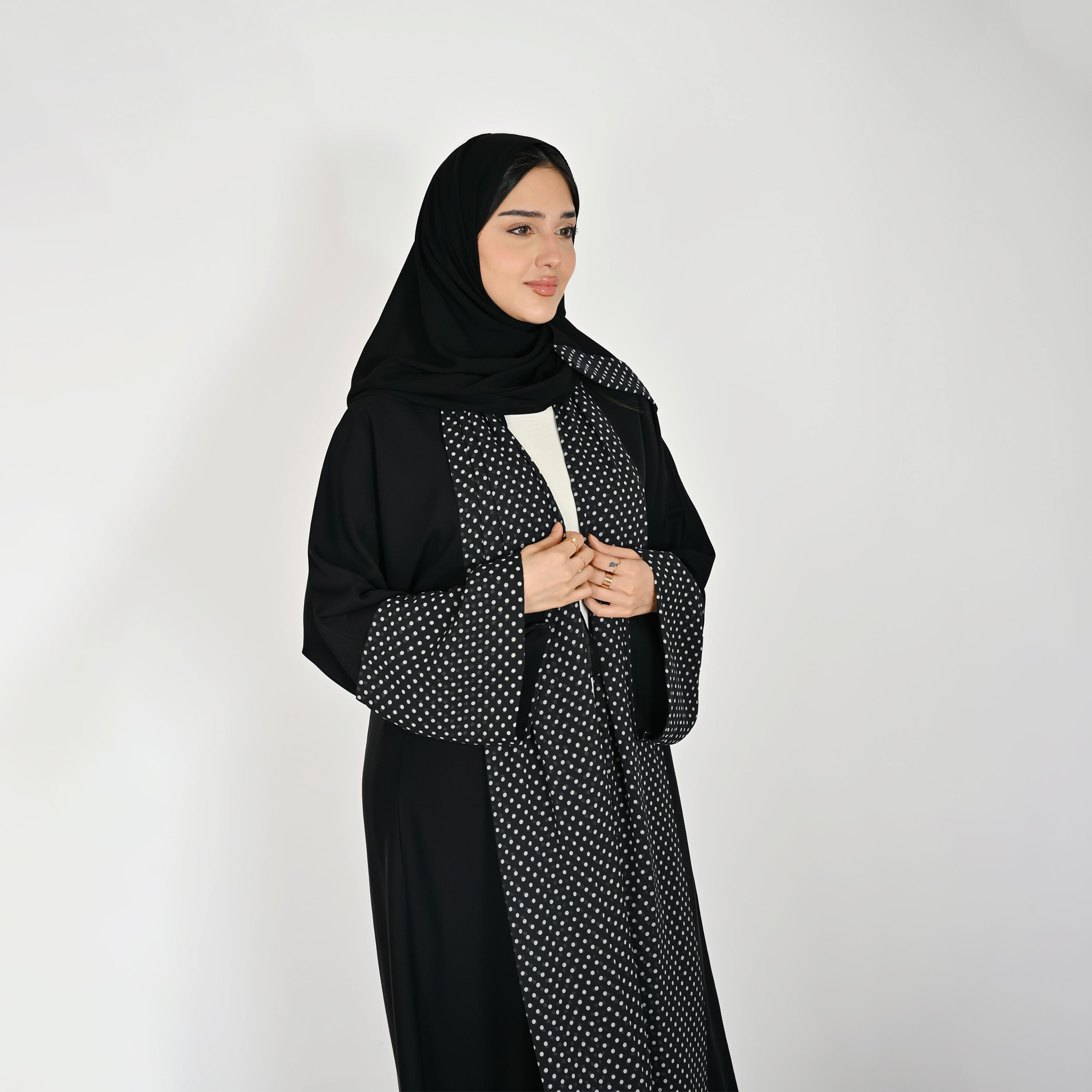 Hawraa Black Wide Sleeves Polka Dots Women's Linen Abaya with Hijab-women-arabicclothing-abayas-image-3