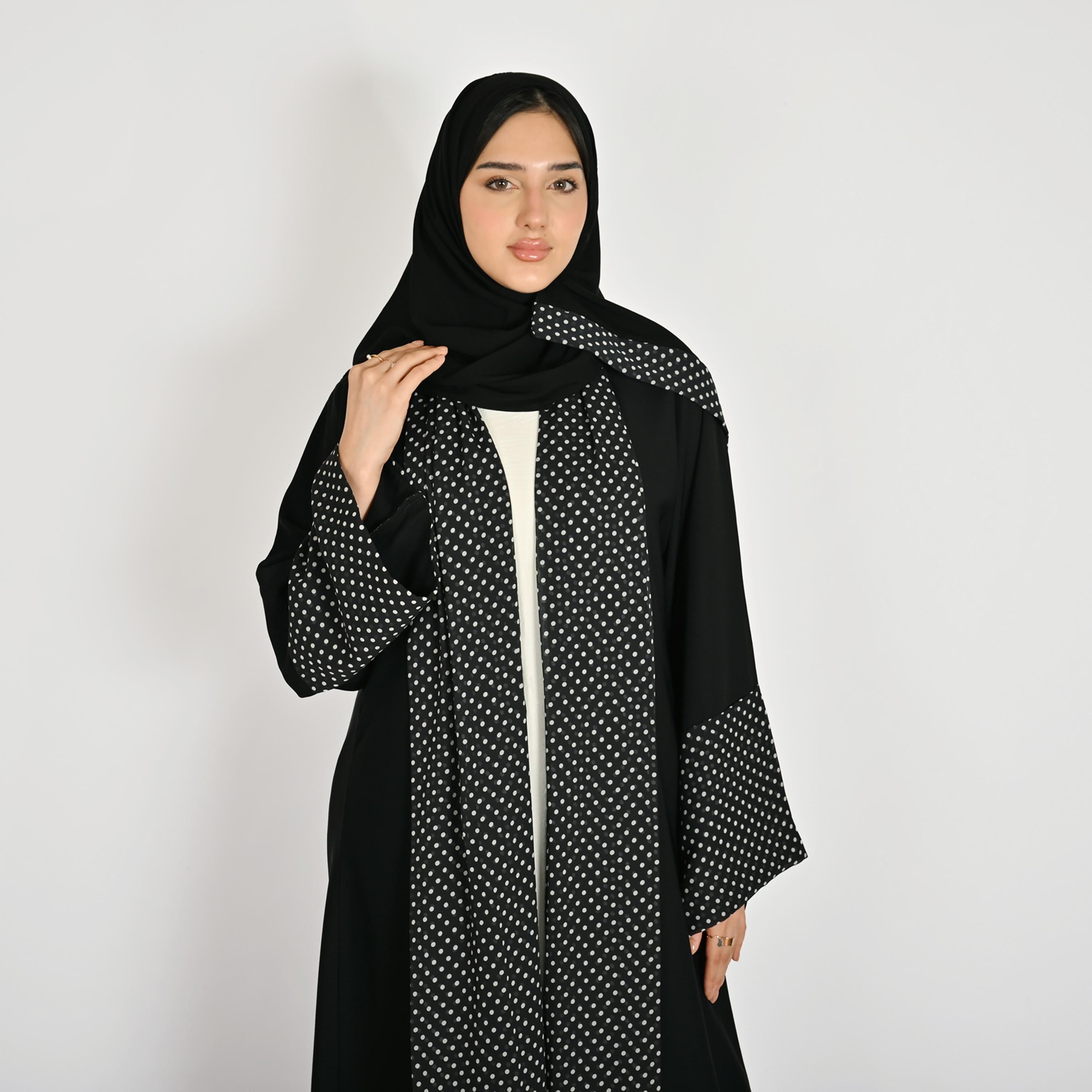 Hawraa Black Wide Sleeves Polka Dots Women's Linen Abaya with Hijab-women-arabicclothing-abayas-image-4
