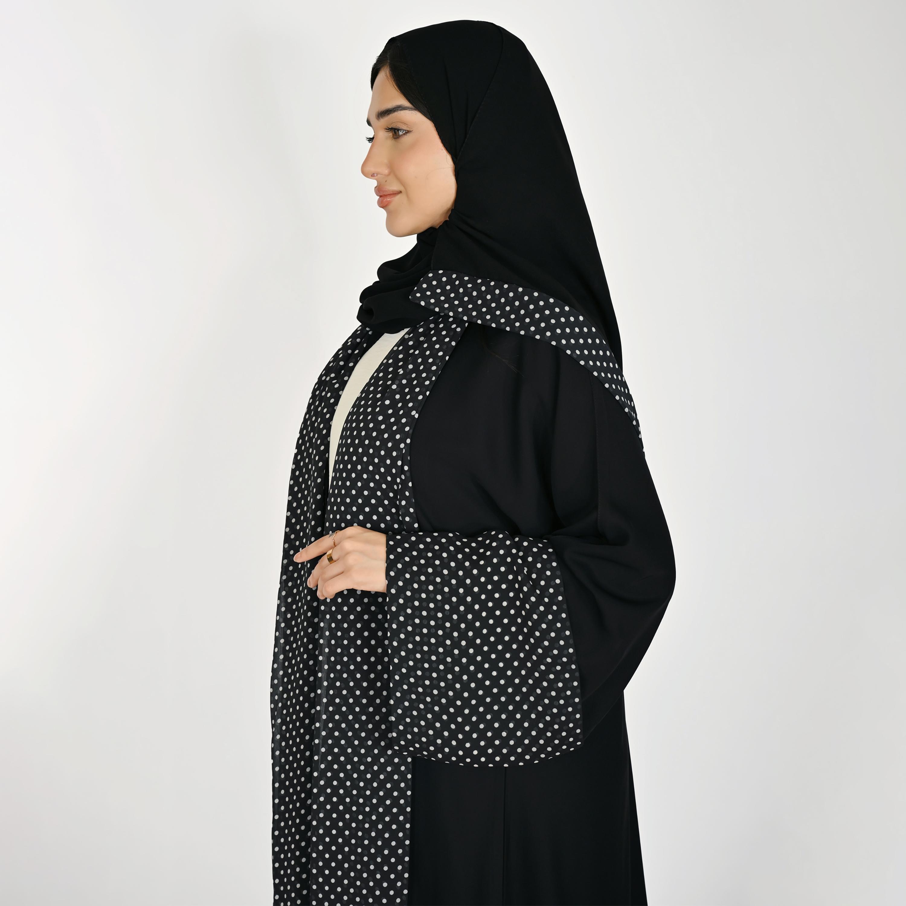 Hawraa Black Wide Sleeves Polka Dots Women's Linen Abaya with Hijab-women-arabicclothing-abayas-image-5
