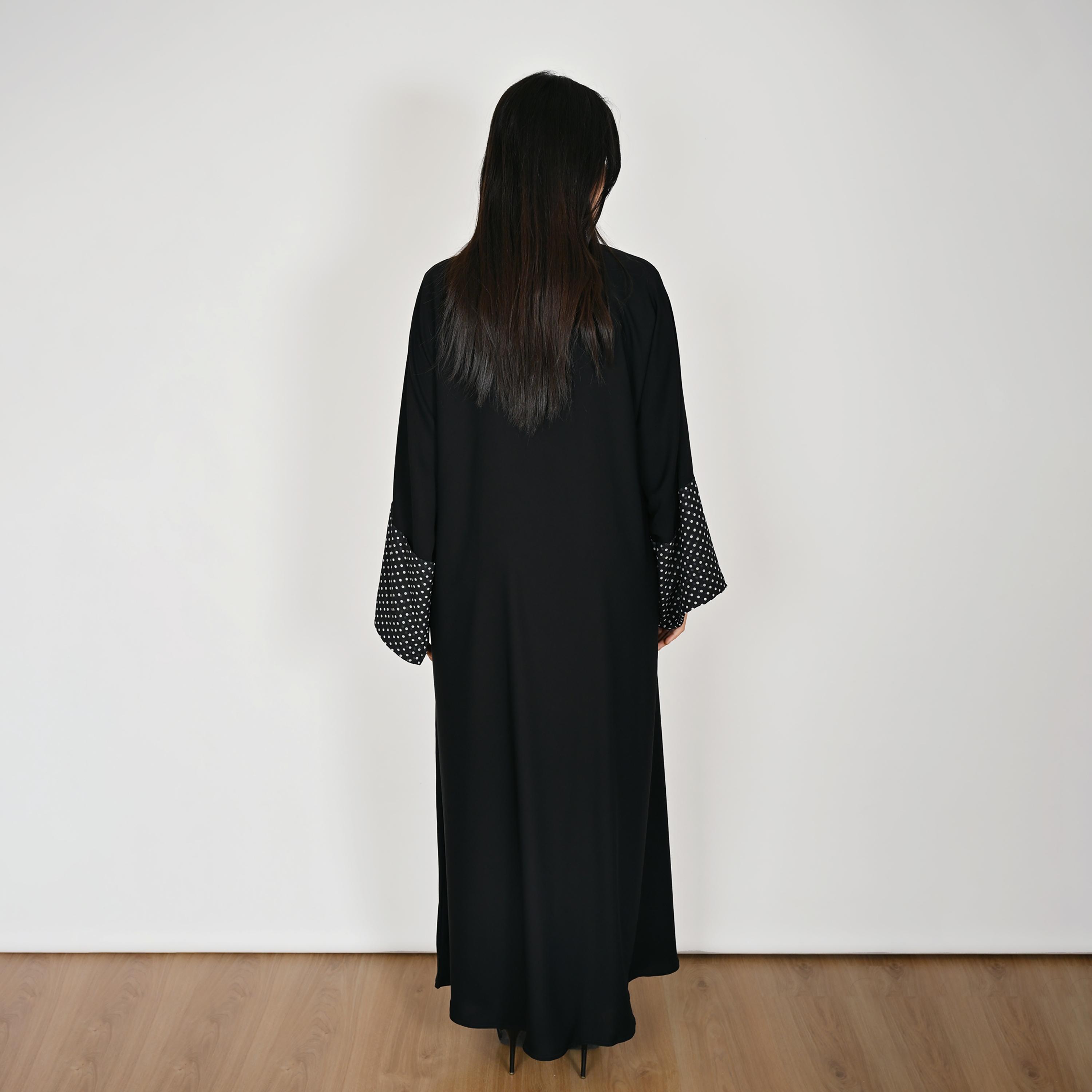 Hawraa Black Wide Sleeves Polka Dots Women's Linen Abaya with Hijab-women-arabicclothing-abayas-image-6