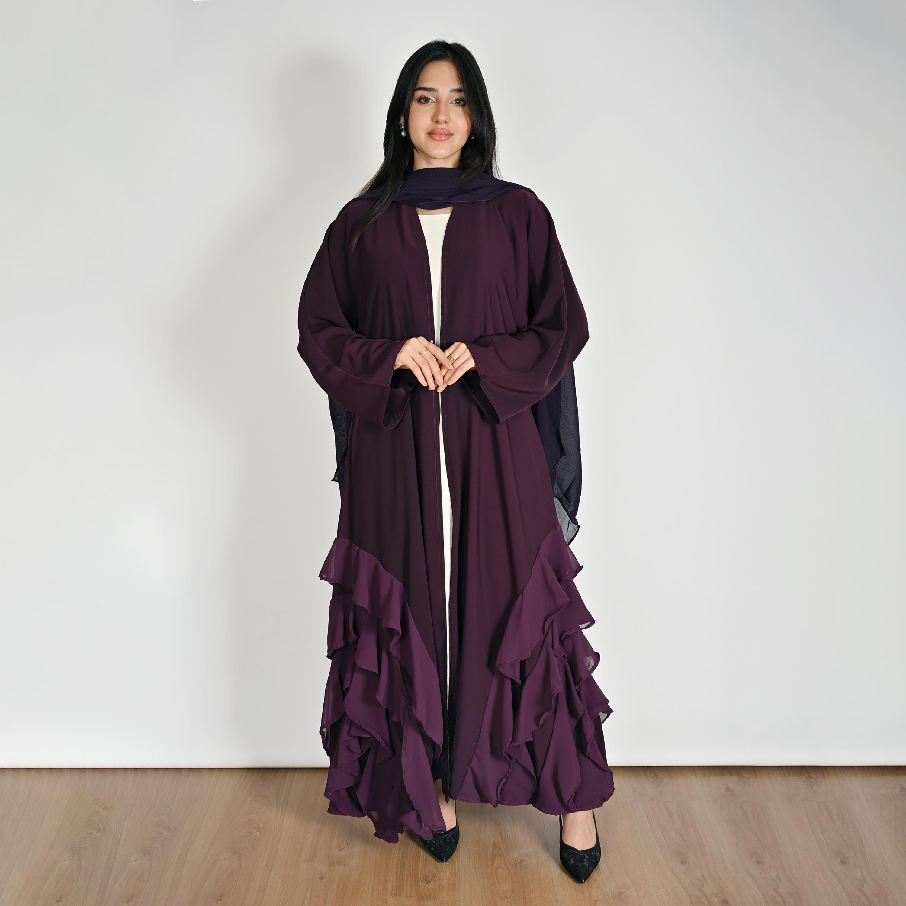 عباية كتان حريمي مفتوحة من الأمام متعددة الطبقات بكرانيش باللون البنفسجي مع حجاب من حوراء-women-arabicclothing-abayas-image-1