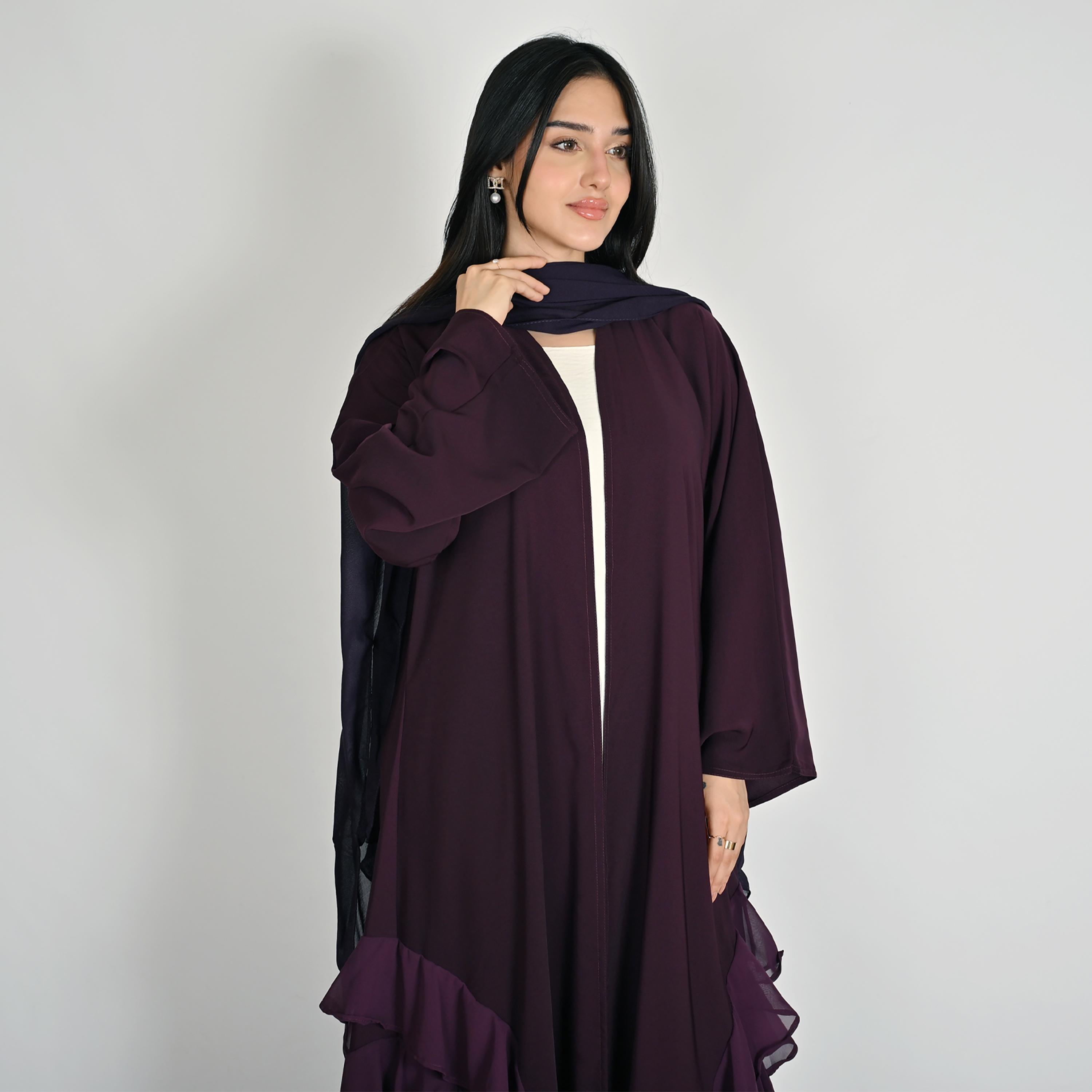 عباية كتان حريمي مفتوحة من الأمام متعددة الطبقات بكرانيش باللون البنفسجي مع حجاب من حوراء-women-arabicclothing-abayas-image-2