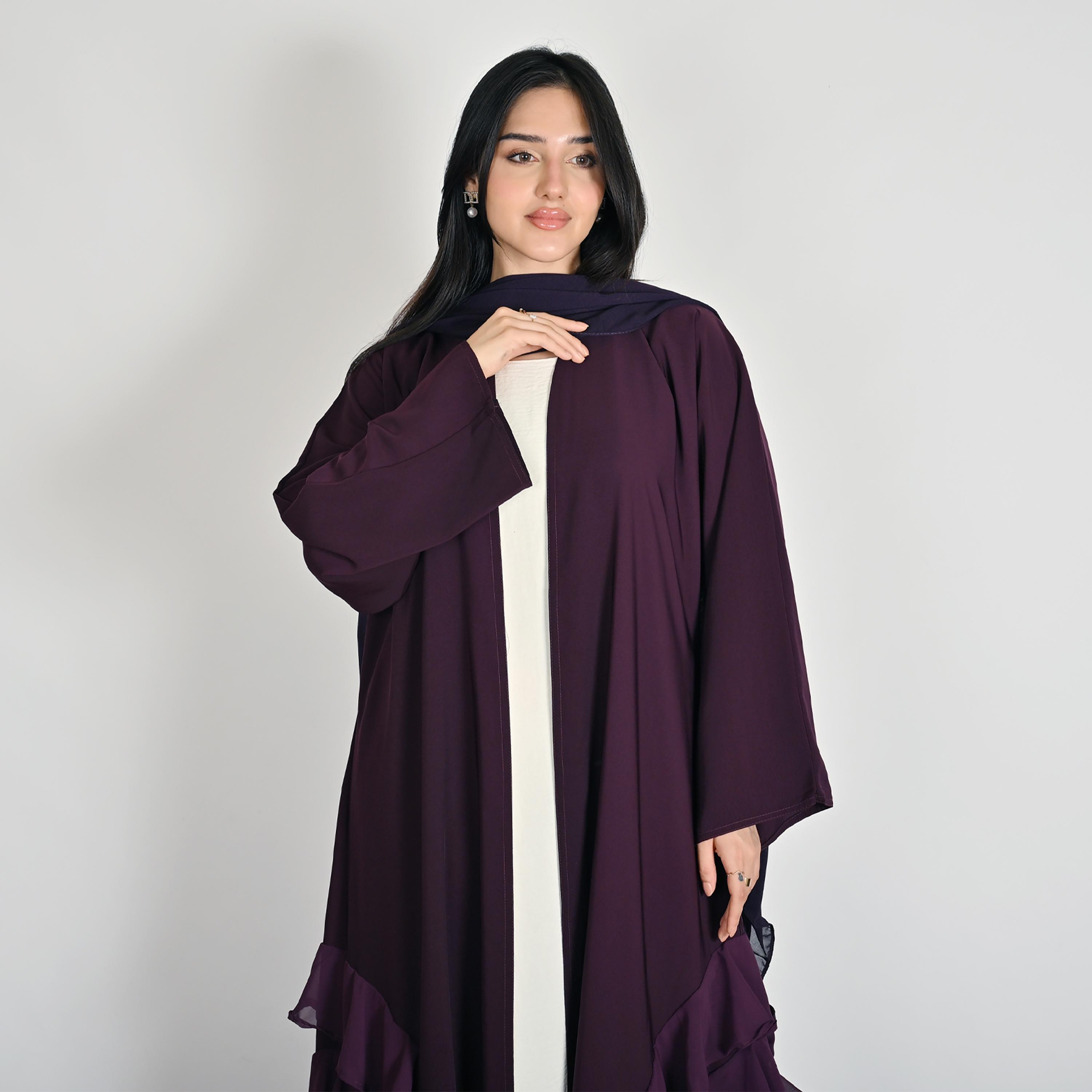 عباية كتان حريمي مفتوحة من الأمام متعددة الطبقات بكرانيش باللون البنفسجي مع حجاب من حوراء-women-arabicclothing-abayas-image-3