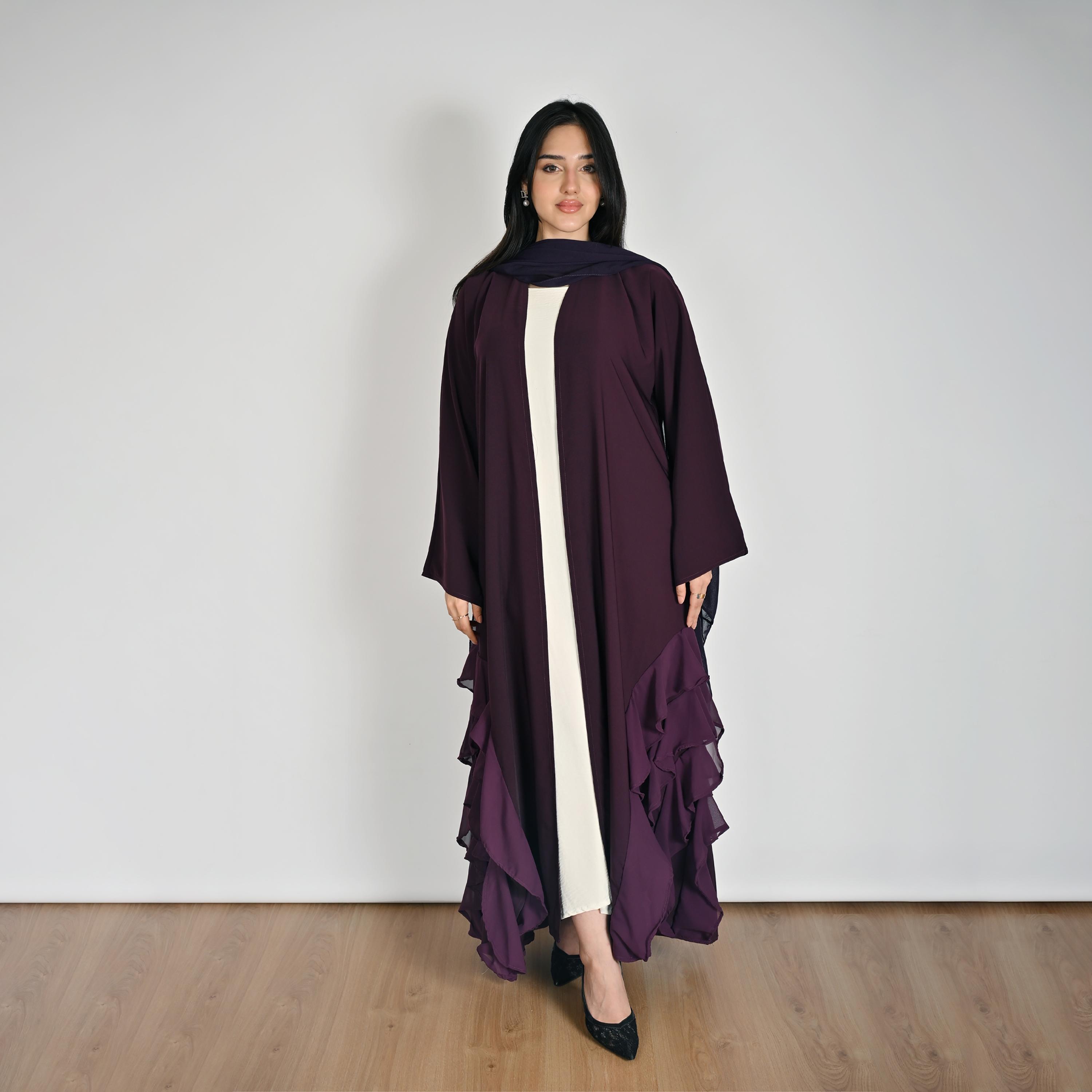 عباية كتان حريمي مفتوحة من الأمام متعددة الطبقات بكرانيش باللون البنفسجي مع حجاب من حوراء-women-arabicclothing-abayas-image-5
