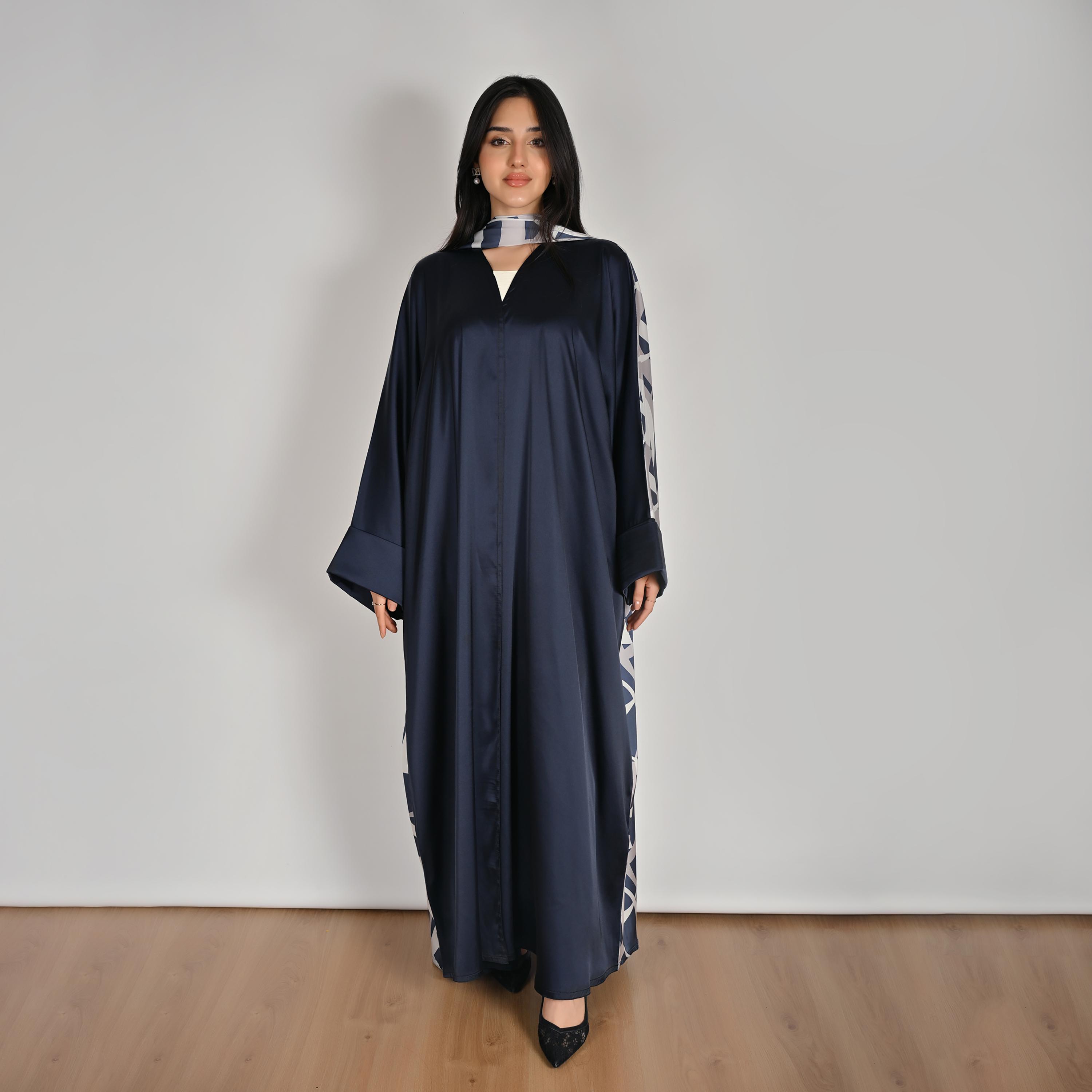 Hawraa Wide Sleeves Contrast Abstract Print Open Front Women's Bisht Linen Abaya with Hijab-women-arabicclothing-abayas-image-1