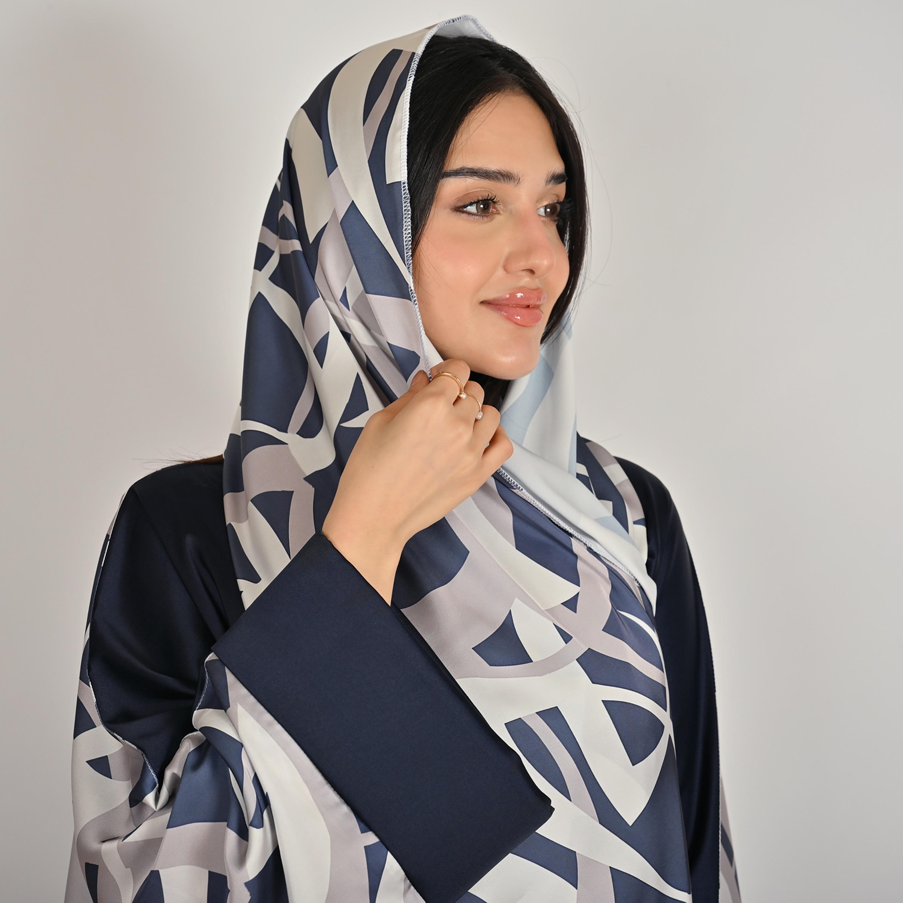 Hawraa Wide Sleeves Contrast Abstract Print Open Front Women's Bisht Linen Abaya with Hijab-women-arabicclothing-abayas-image-2