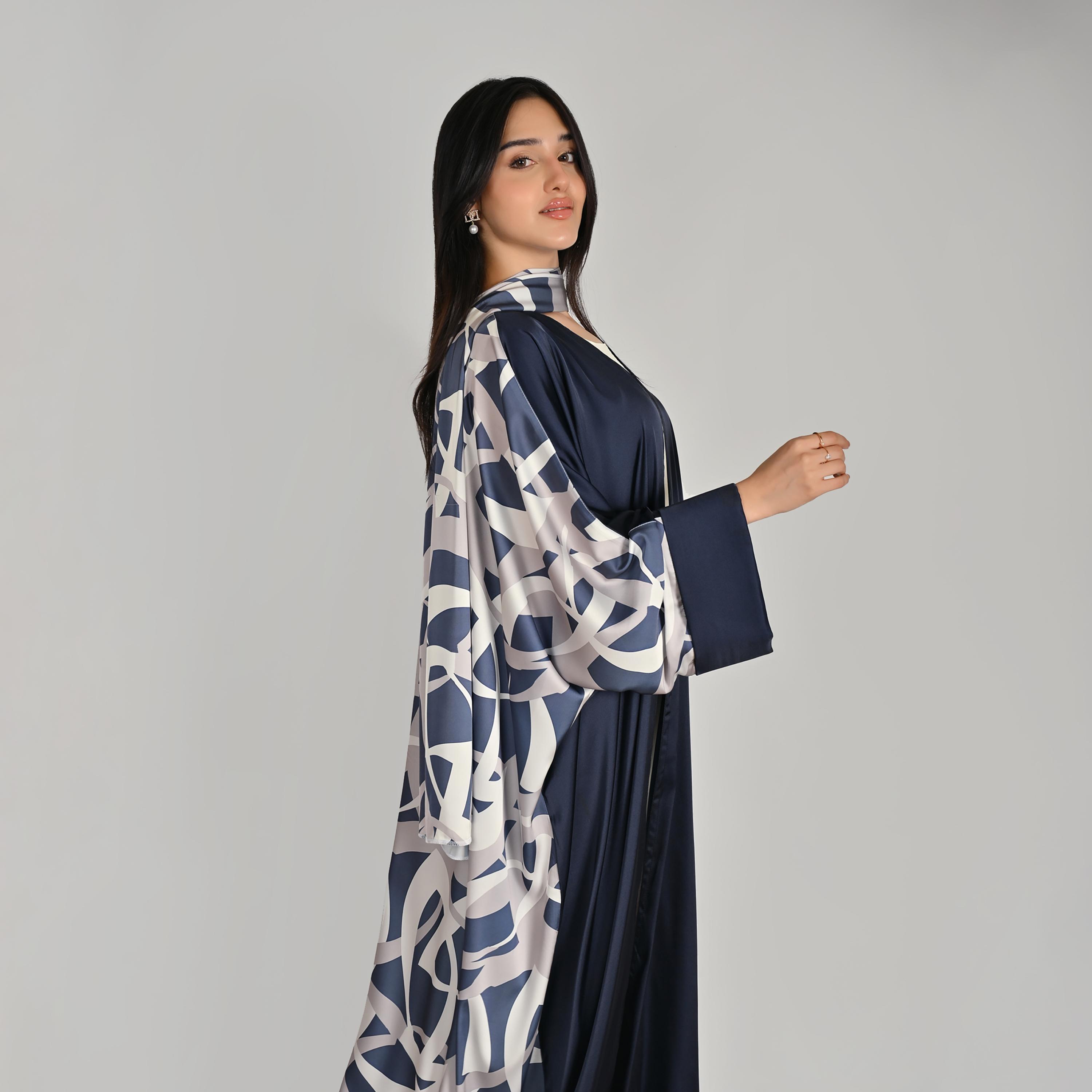 Hawraa Wide Sleeves Contrast Abstract Print Open Front Women's Bisht Linen Abaya with Hijab-women-arabicclothing-abayas-image-3