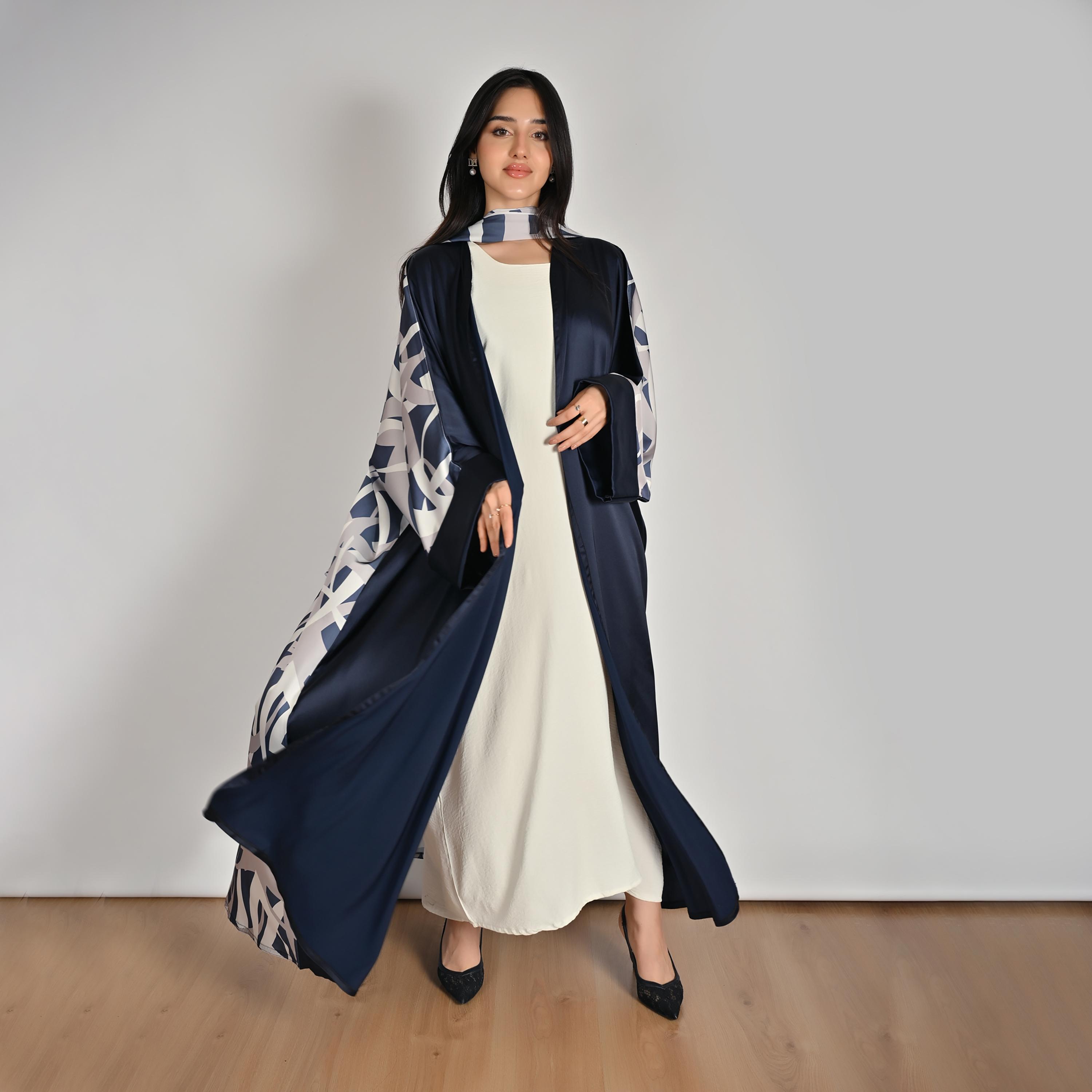 Hawraa Wide Sleeves Contrast Abstract Print Open Front Women's Bisht Linen Abaya with Hijab-women-arabicclothing-abayas-image-4