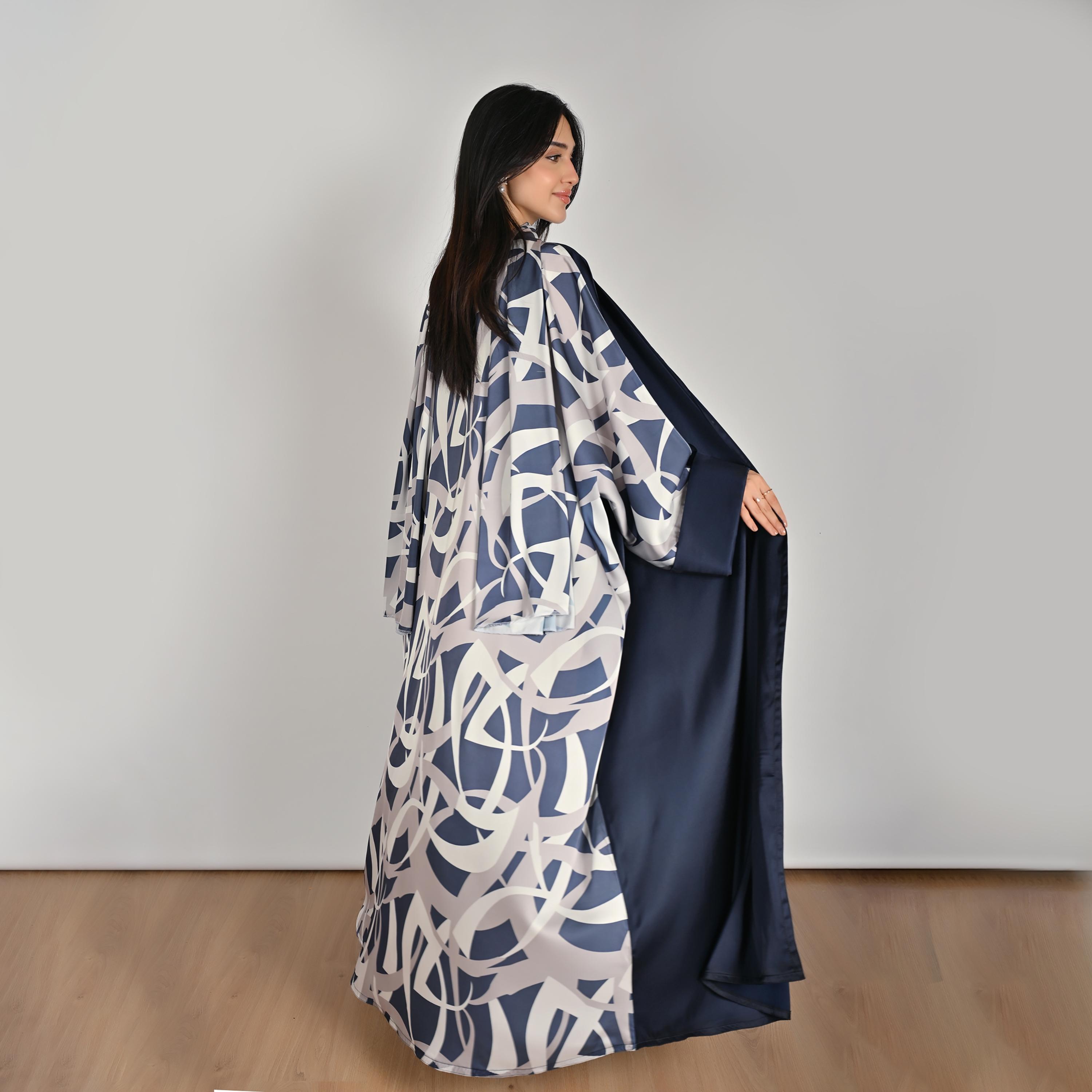 Hawraa Wide Sleeves Contrast Abstract Print Open Front Women's Bisht Linen Abaya with Hijab-women-arabicclothing-abayas-image-5
