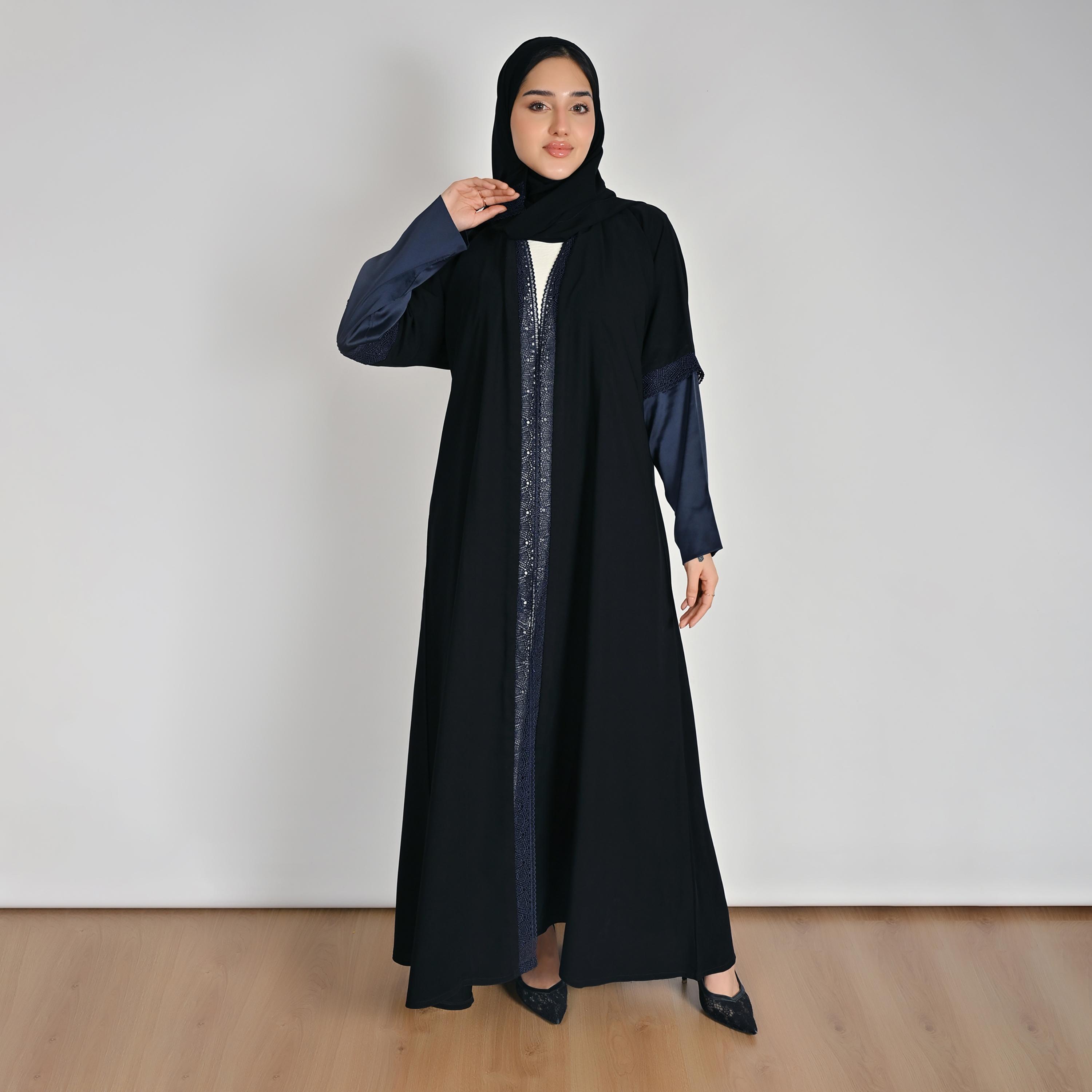 Hawraa Black Two Tone Satin Sleeves Lace Detailed Women's Linen Abaya with Hijab-women-arabicclothing-abayas-image-1