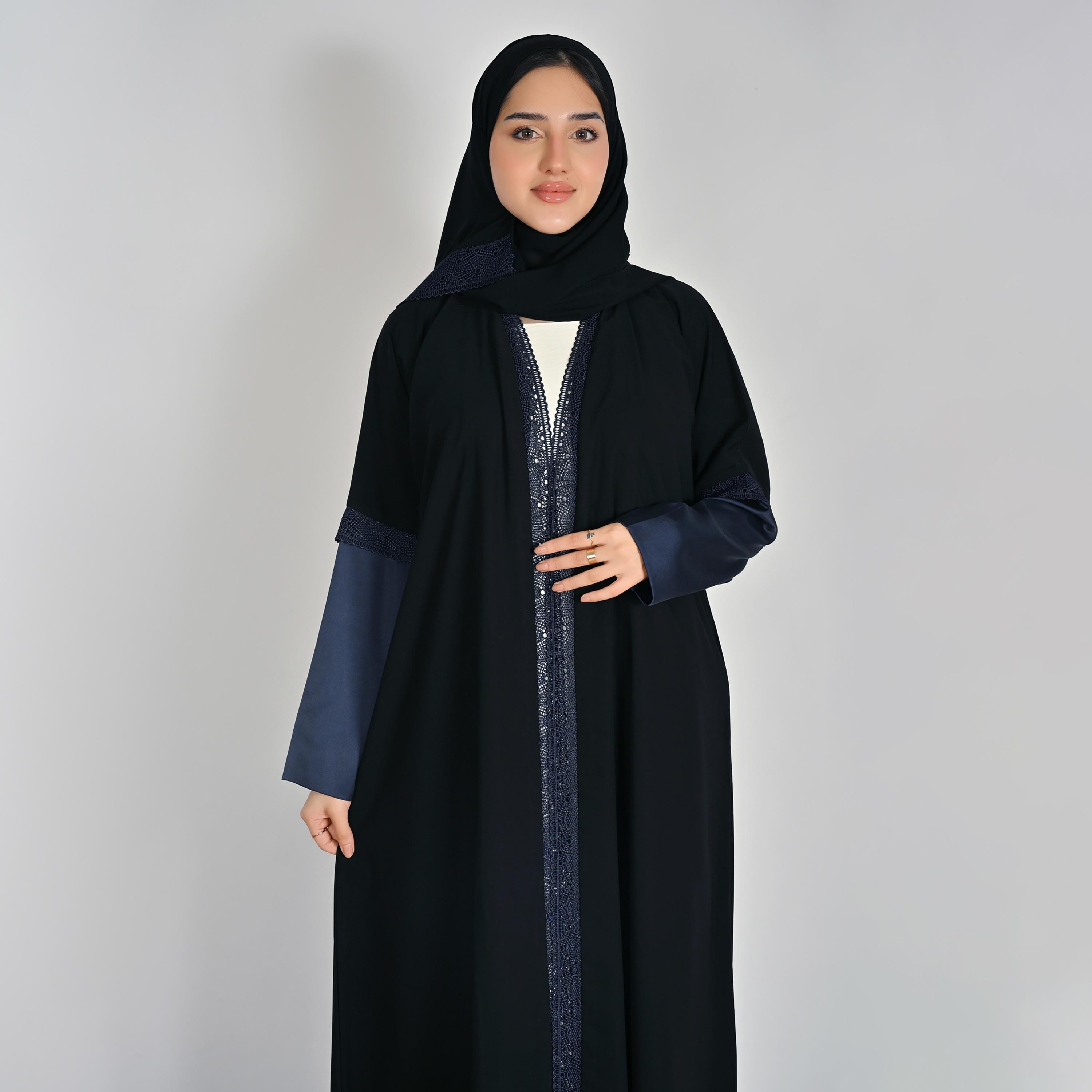 Hawraa Black Two Tone Satin Sleeves Lace Detailed Women's Linen Abaya with Hijab-women-arabicclothing-abayas-image-2