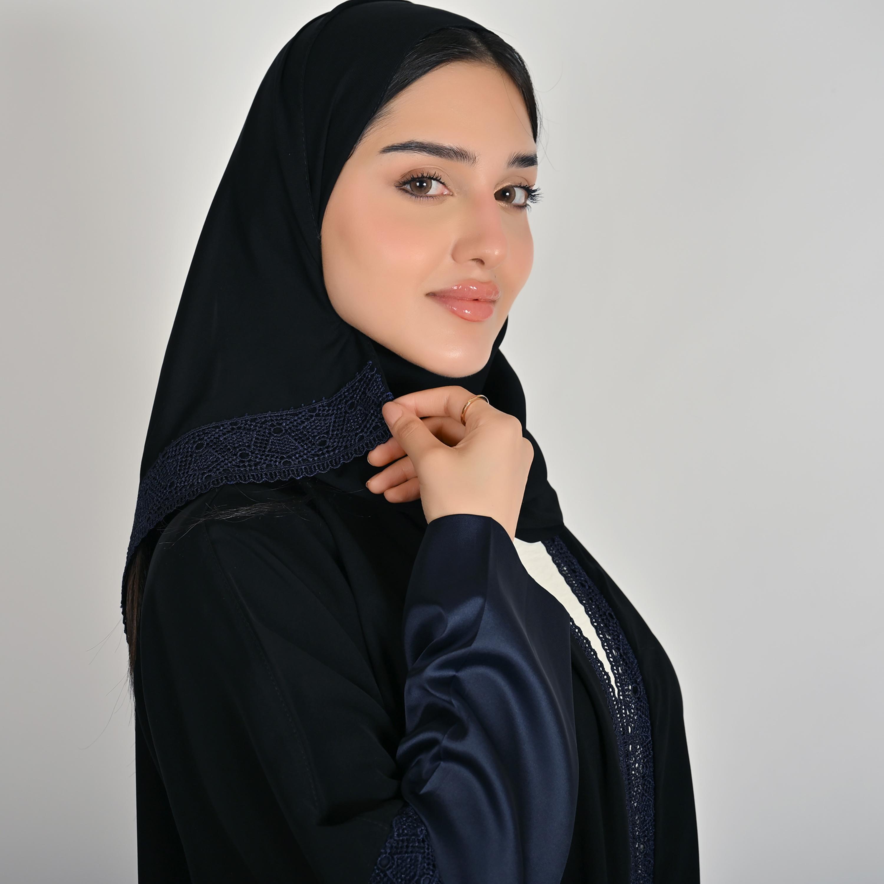 Hawraa Black Two Tone Satin Sleeves Lace Detailed Women's Linen Abaya with Hijab-women-arabicclothing-abayas-image-3
