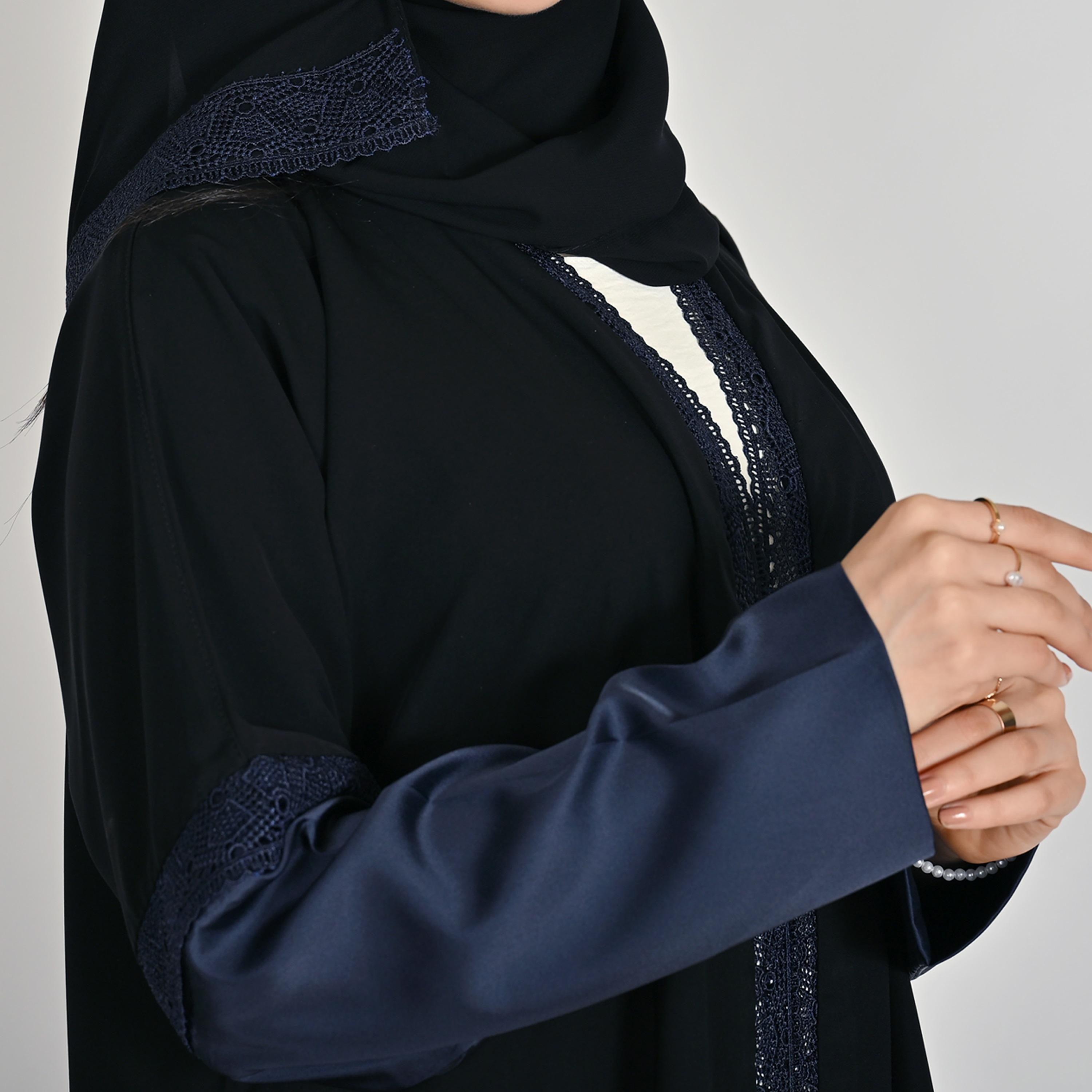 Hawraa Black Two Tone Satin Sleeves Lace Detailed Women's Linen Abaya with Hijab-women-arabicclothing-abayas-image-4