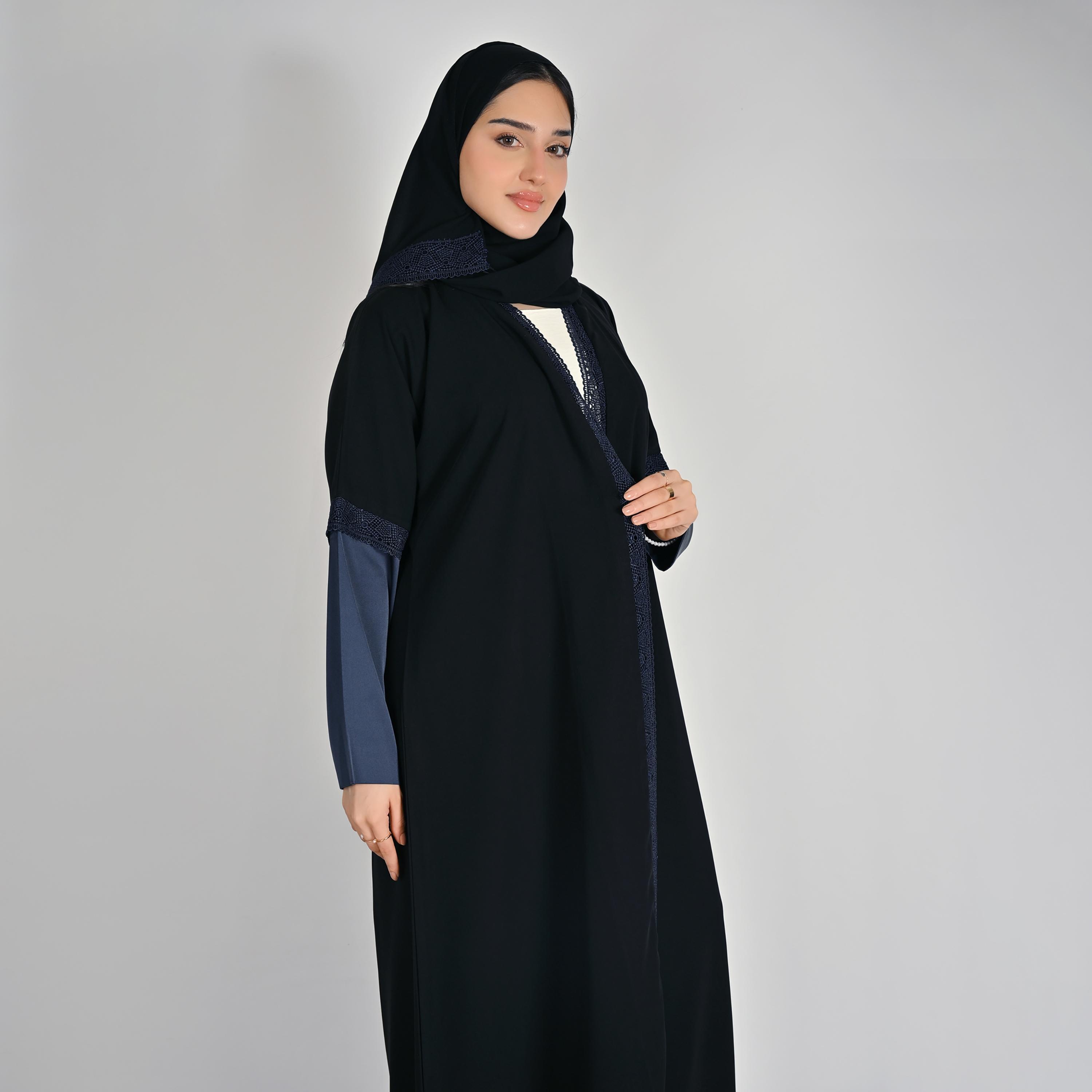 Hawraa Black Two Tone Satin Sleeves Lace Detailed Women's Linen Abaya with Hijab-women-arabicclothing-abayas-image-5