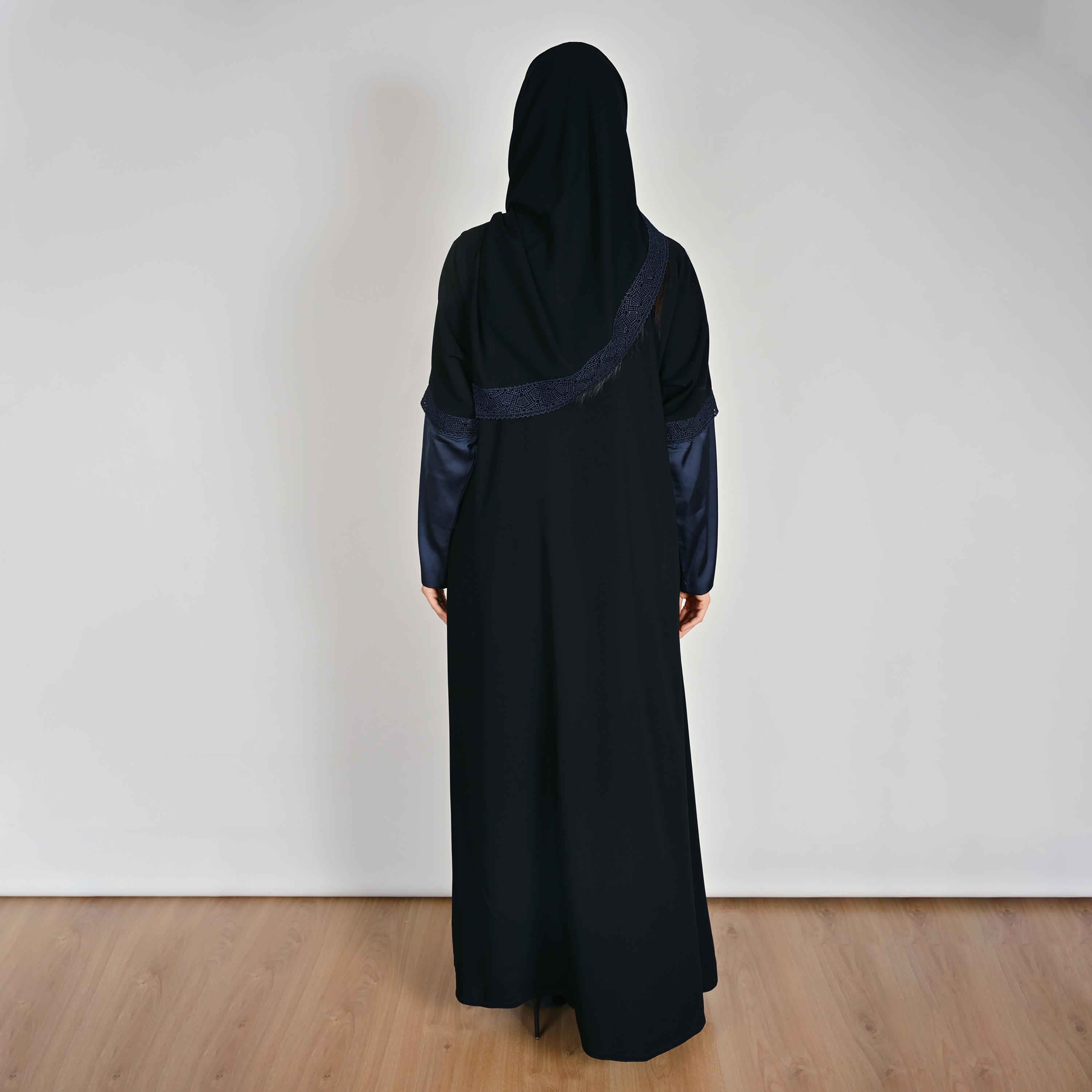 Hawraa Black Two Tone Satin Sleeves Lace Detailed Women's Linen Abaya with Hijab-women-arabicclothing-abayas-image-6