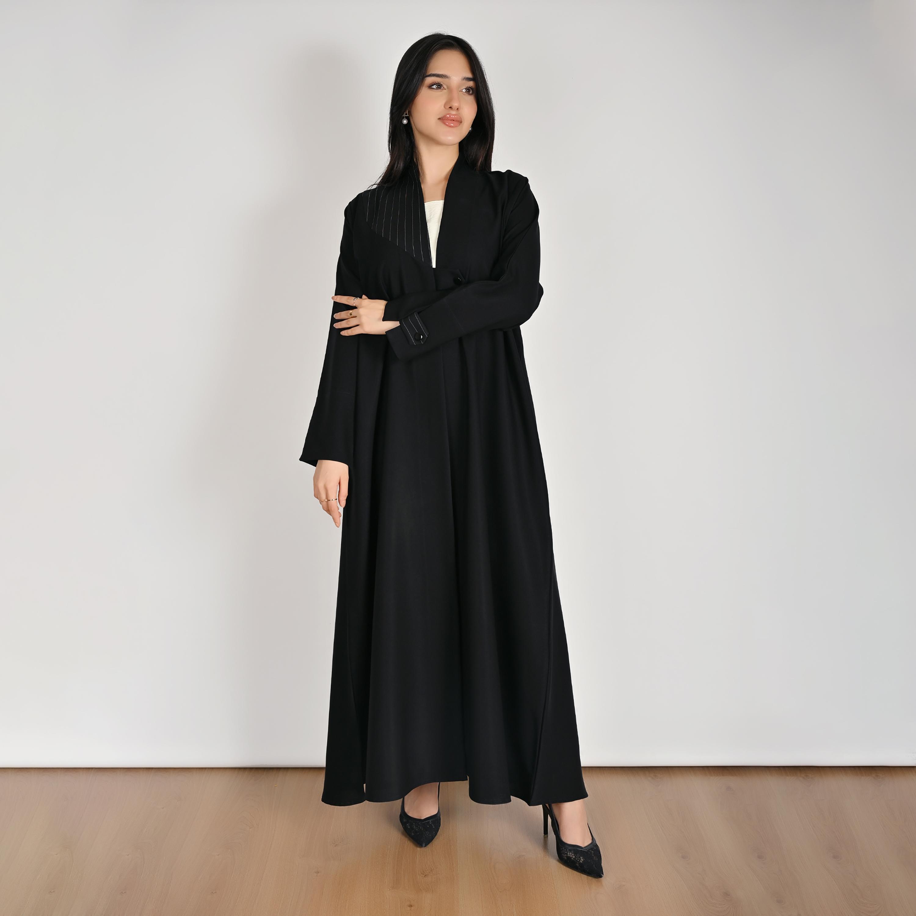 Hawraa Black Pinstripe Detail Blazer Style Women's Linen Abaya with Hijab-women-arabicclothing-abayas-image-1