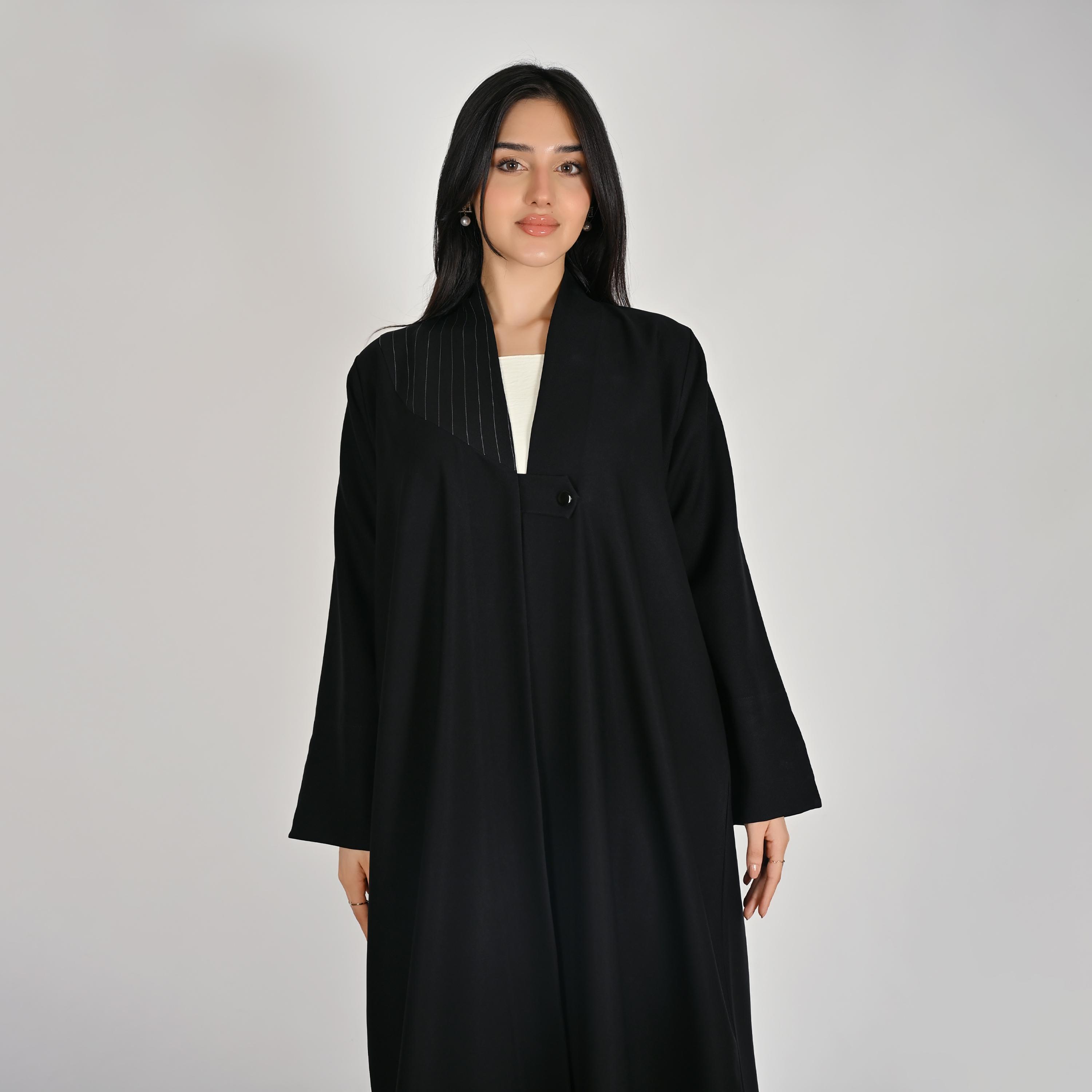 Hawraa Black Pinstripe Detail Blazer Style Women's Linen Abaya with Hijab-women-arabicclothing-abayas-image-2