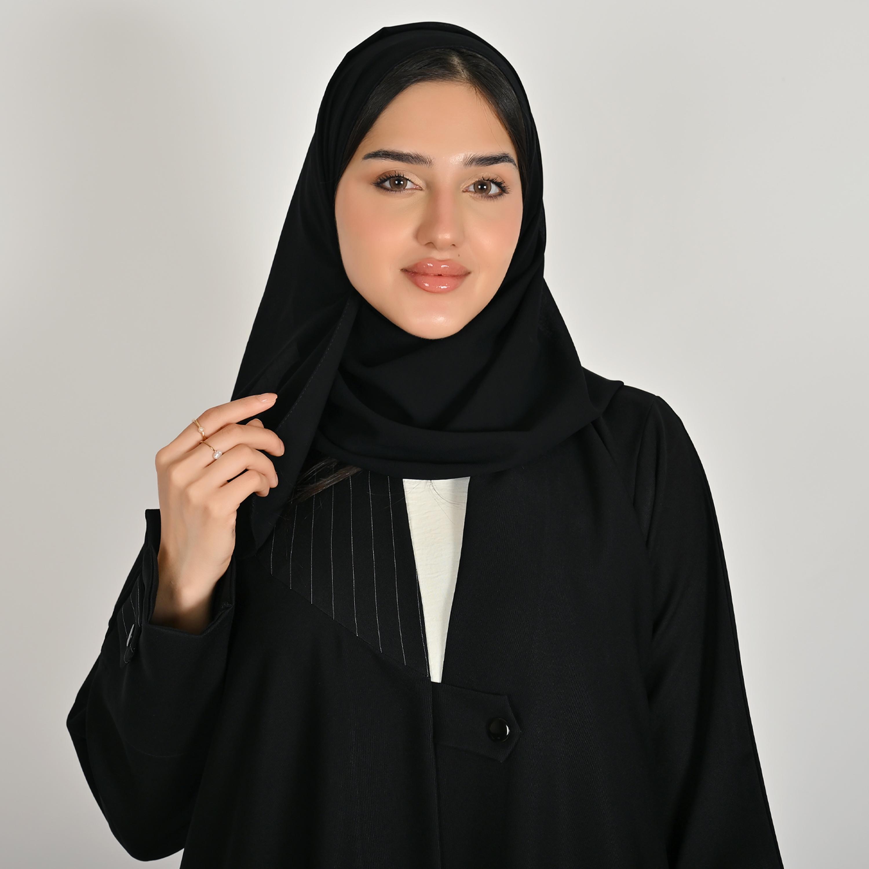 Hawraa Black Pinstripe Detail Blazer Style Women's Linen Abaya with Hijab-women-arabicclothing-abayas-image-4